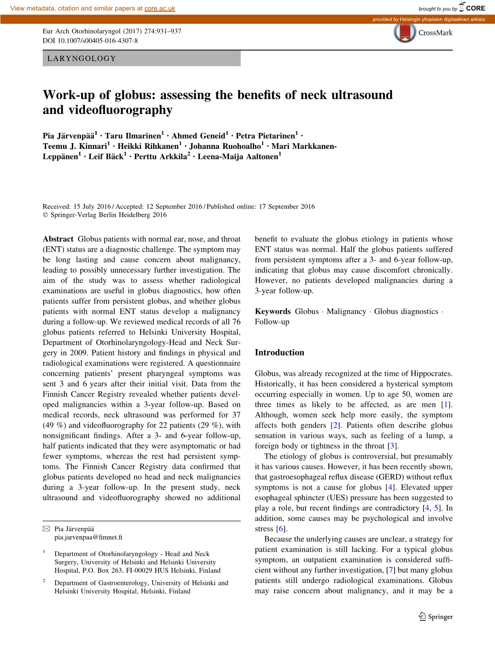 Work-Up of Globus: Assessing the Beneﬁts of Neck Ultrasound and Videoﬂuorography