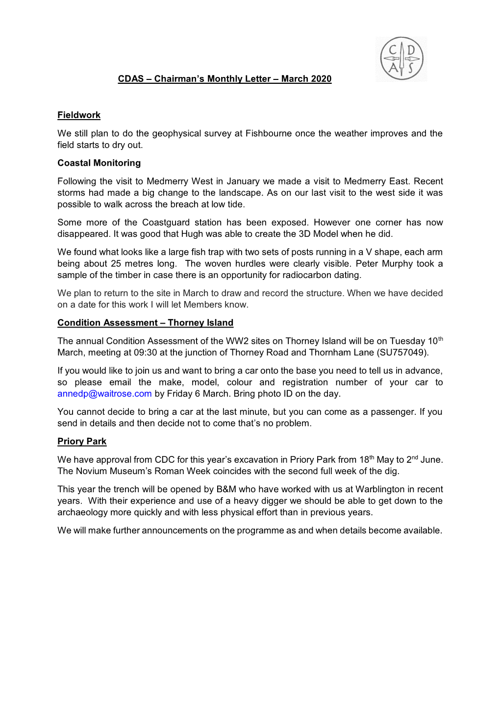 CDAS – Chairman's Monthly Letter – March 2020 Fieldwork We Still Plan to Do the Geophysical Survey at Fishbourne Once