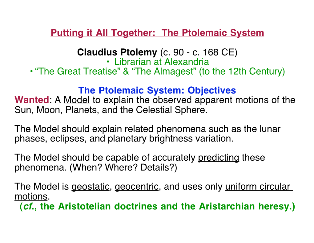 The Ptolemaic System Claudius Ptolemy