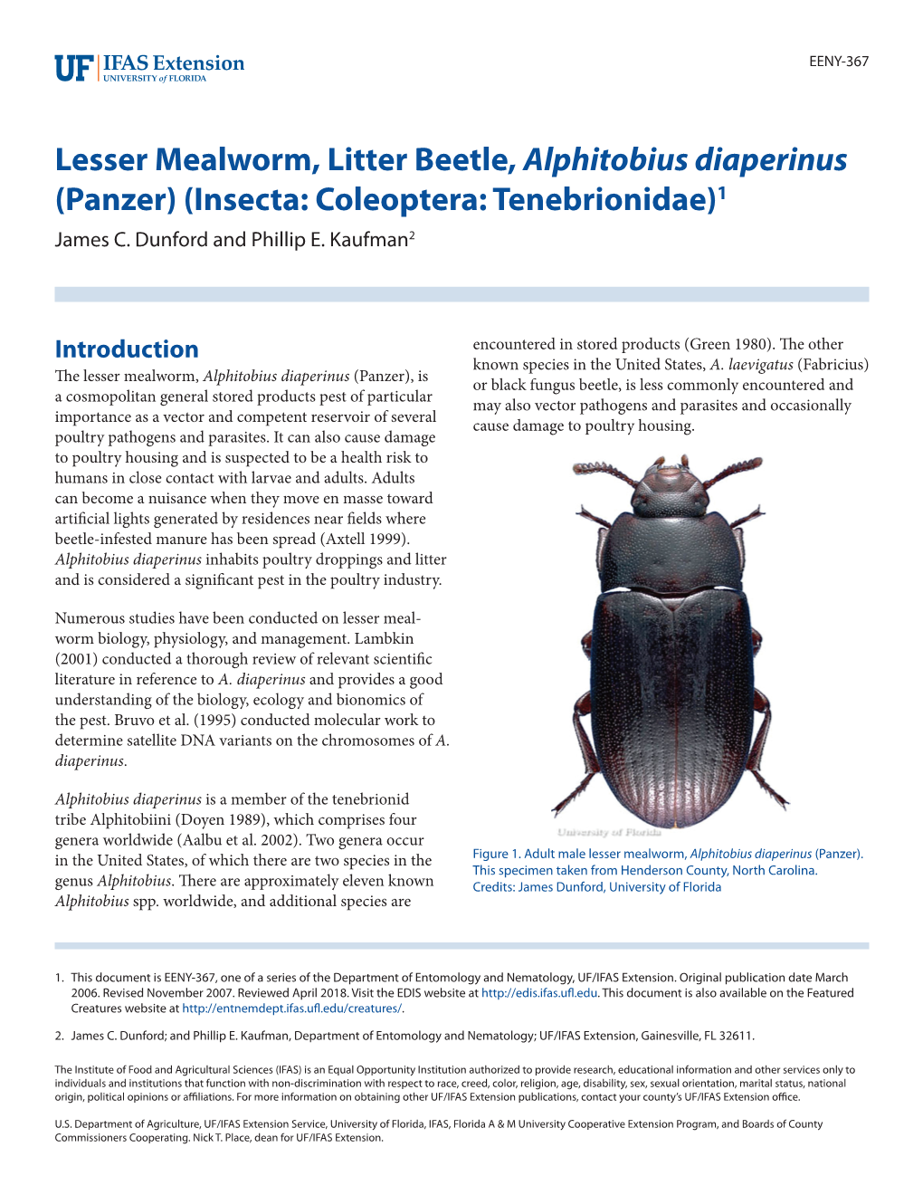 Lesser Mealworm, Litter Beetle, Alphitobius Diaperinus (Panzer) (Insecta: Coleoptera: Tenebrionidae)1 James C