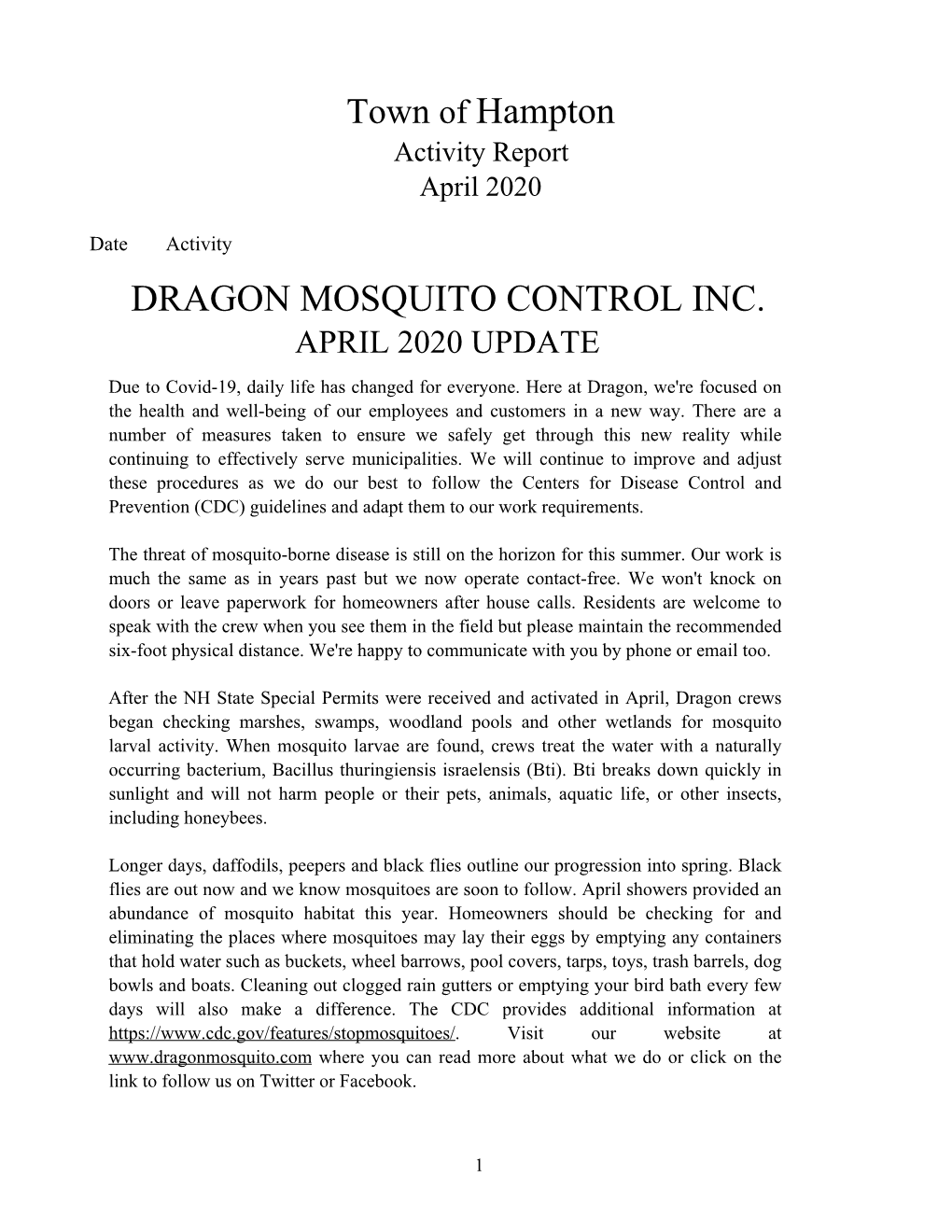 Town of Hampton DRAGON MOSQUITO CONTROL INC