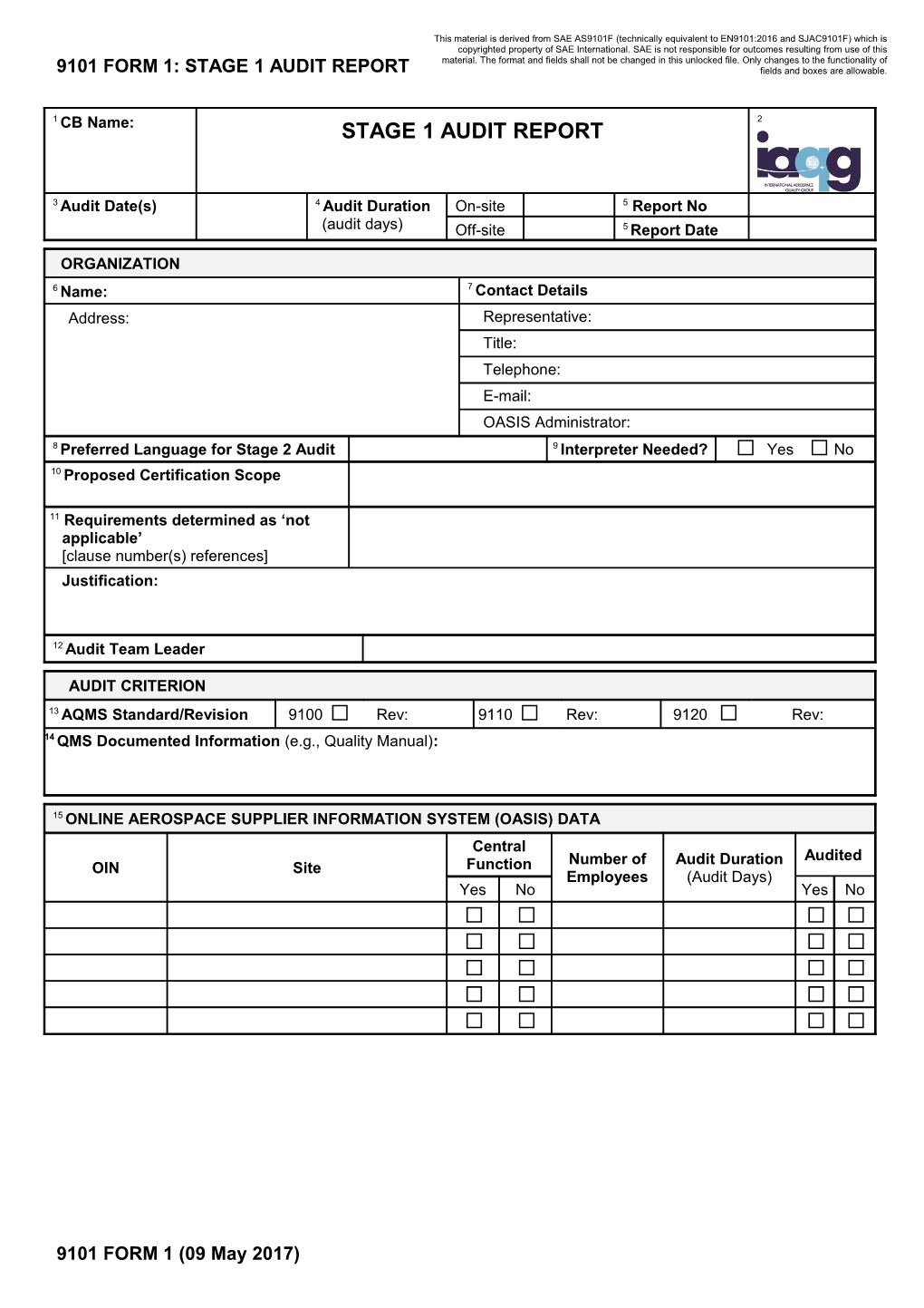 9101 Form 1: Stage 1 Audit Report