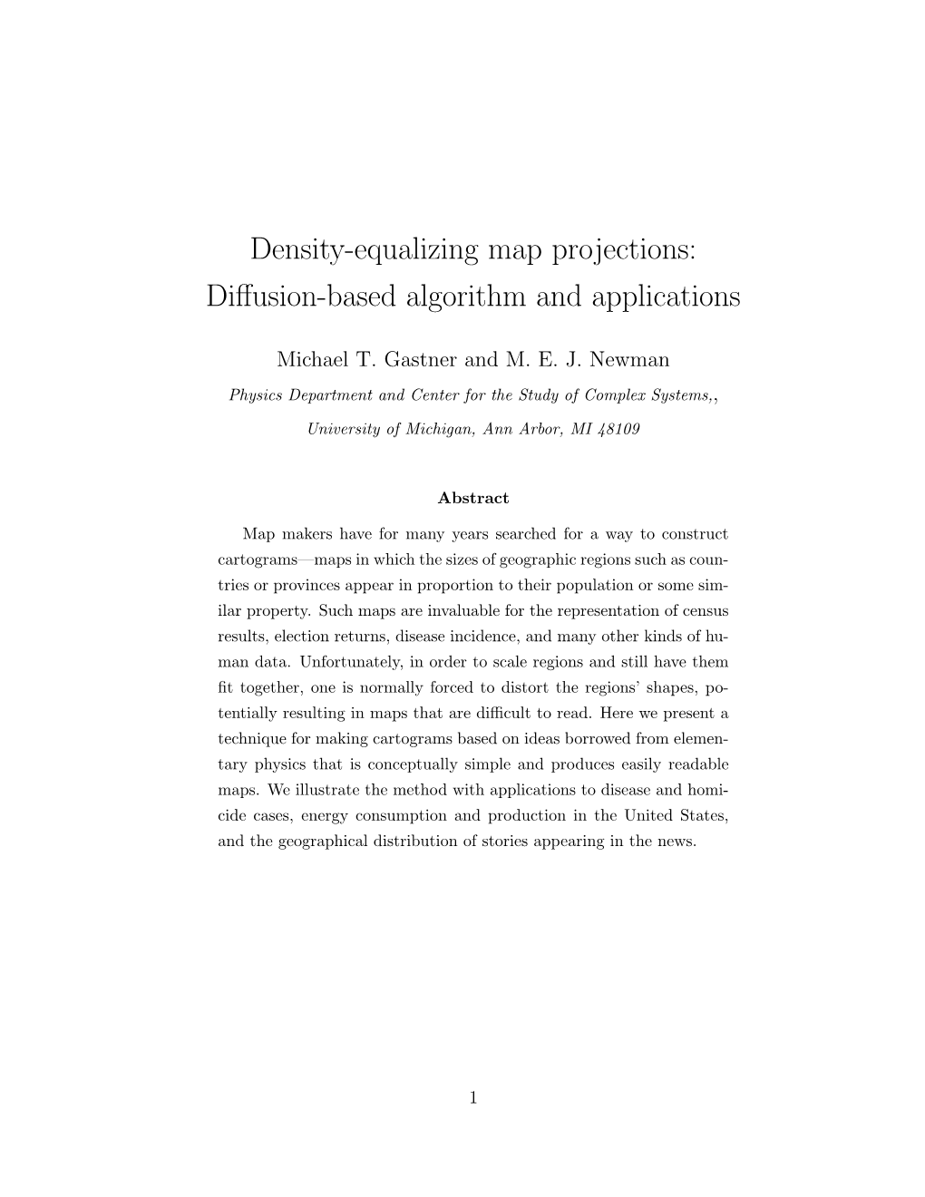 Density-Equalizing Map Projections: Diﬀusion-Based Algorithm and Applications