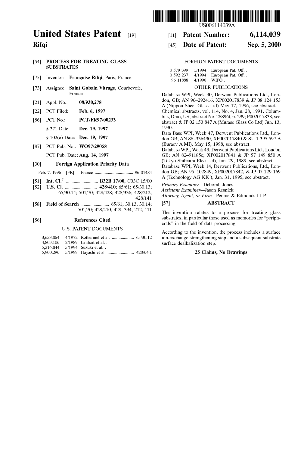 United States Patent (19) 11 Patent Number: 6,114,039 Rifqi (45) Date of Patent: Sep