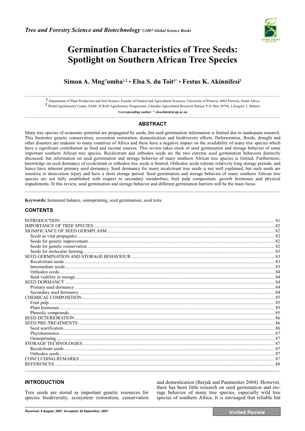 Germination Characteristics of Tree Seeds: Spotlight on Southern African Tree Species