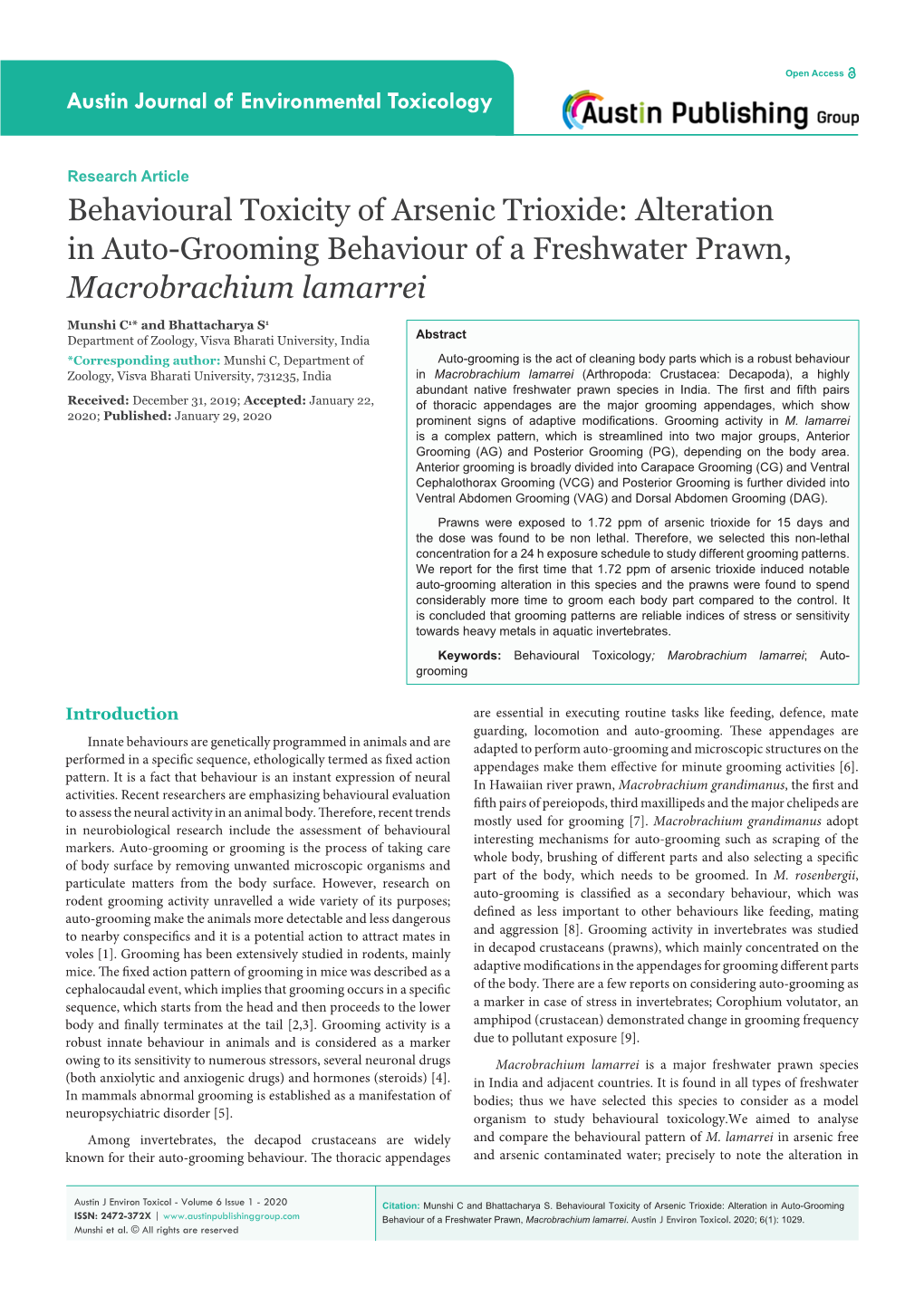 Behavioral Toxicity of Arsenic Trioxide: Alteration in Auto-Grooming Behaviour of a Freshwater Prawn, Macrobrachium Lamarrei