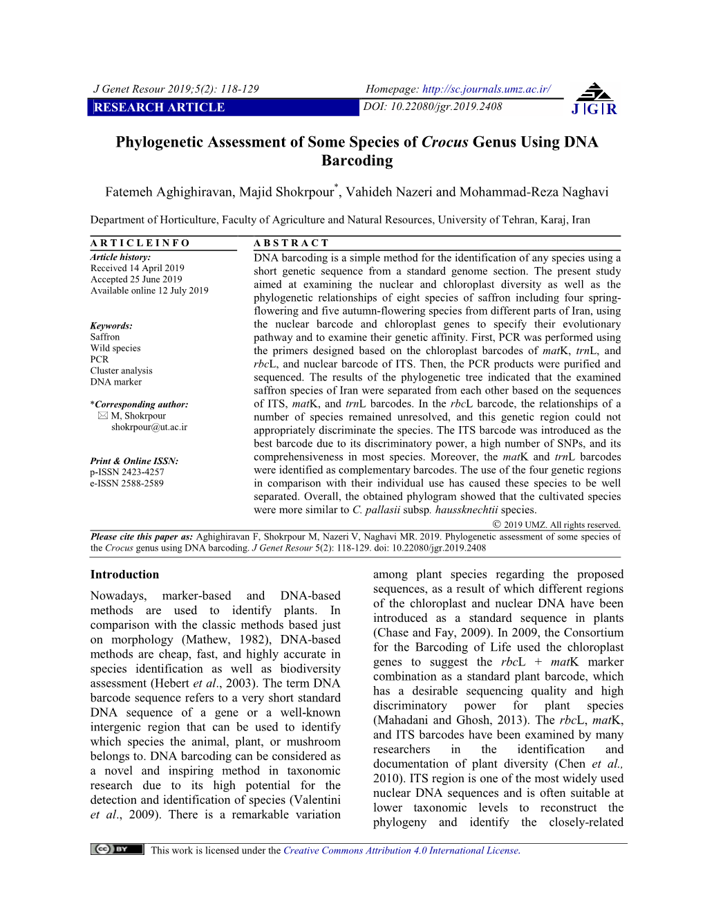 Phylogenetic Assessment of Some Species of Crocus Genus Using DNA Barcoding