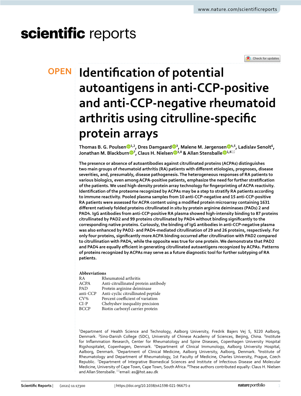 Identification of Potential Autoantigens in Anti-CCP-Positive and Anti-CCP-Negative Rheumatoid Arthritis Using Citrulline-Specific Protein Arrays