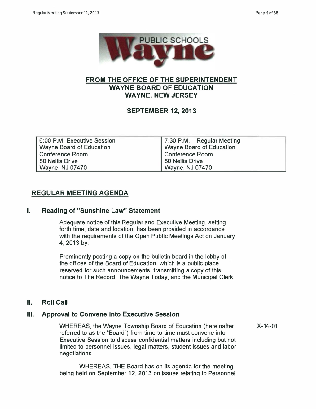 From the Office of the Superintendent Wayne Board of Education Wayne, New Jersey