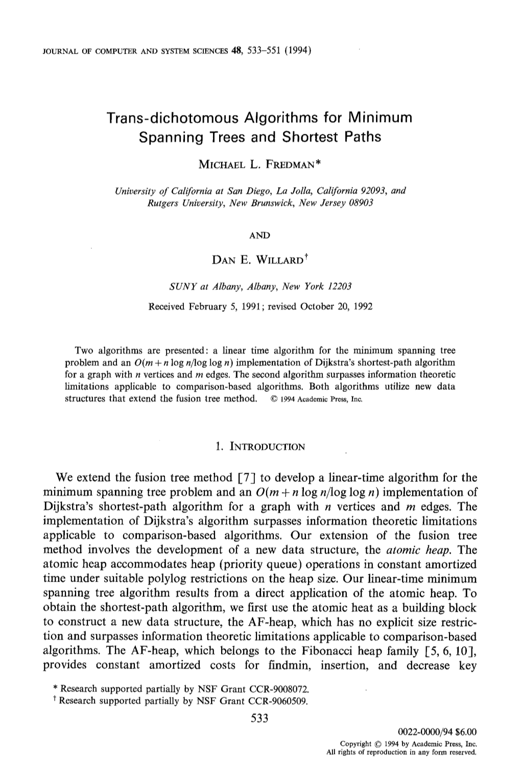 Trans-Dichotomous Algorithms for Minimum Spanning Trees and Shortest Paths