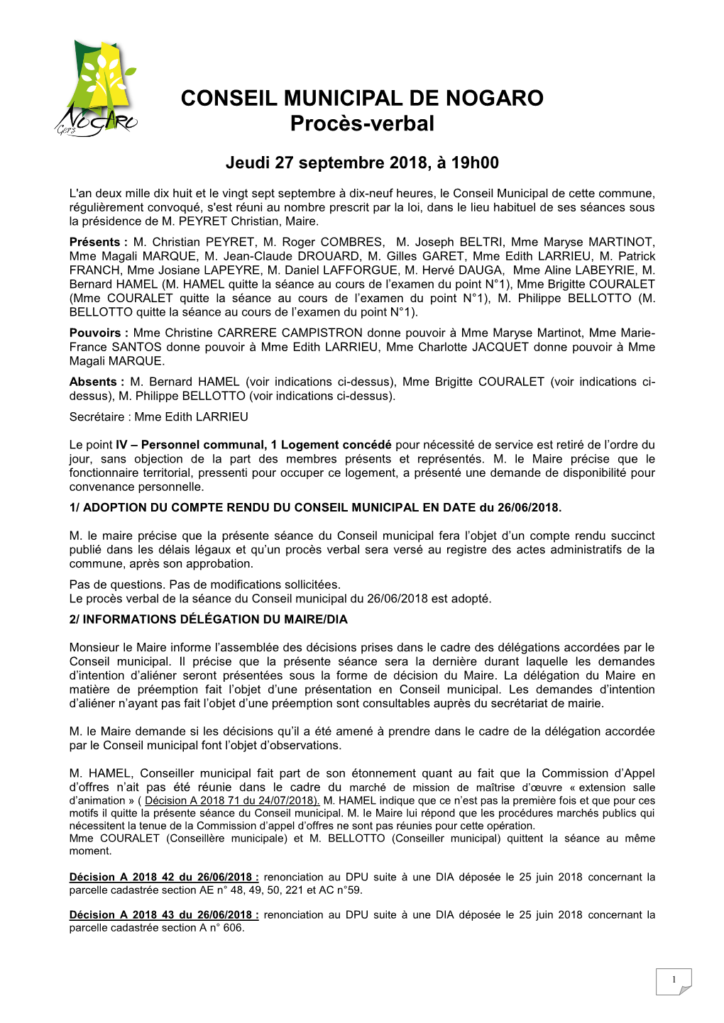 CONSEIL MUNICIPAL DE NOGARO Procès-Verbal