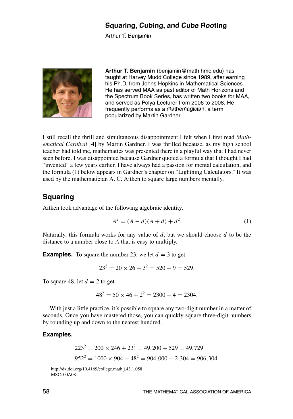 Squaring, Cubing, and Cube Rooting Arthur T