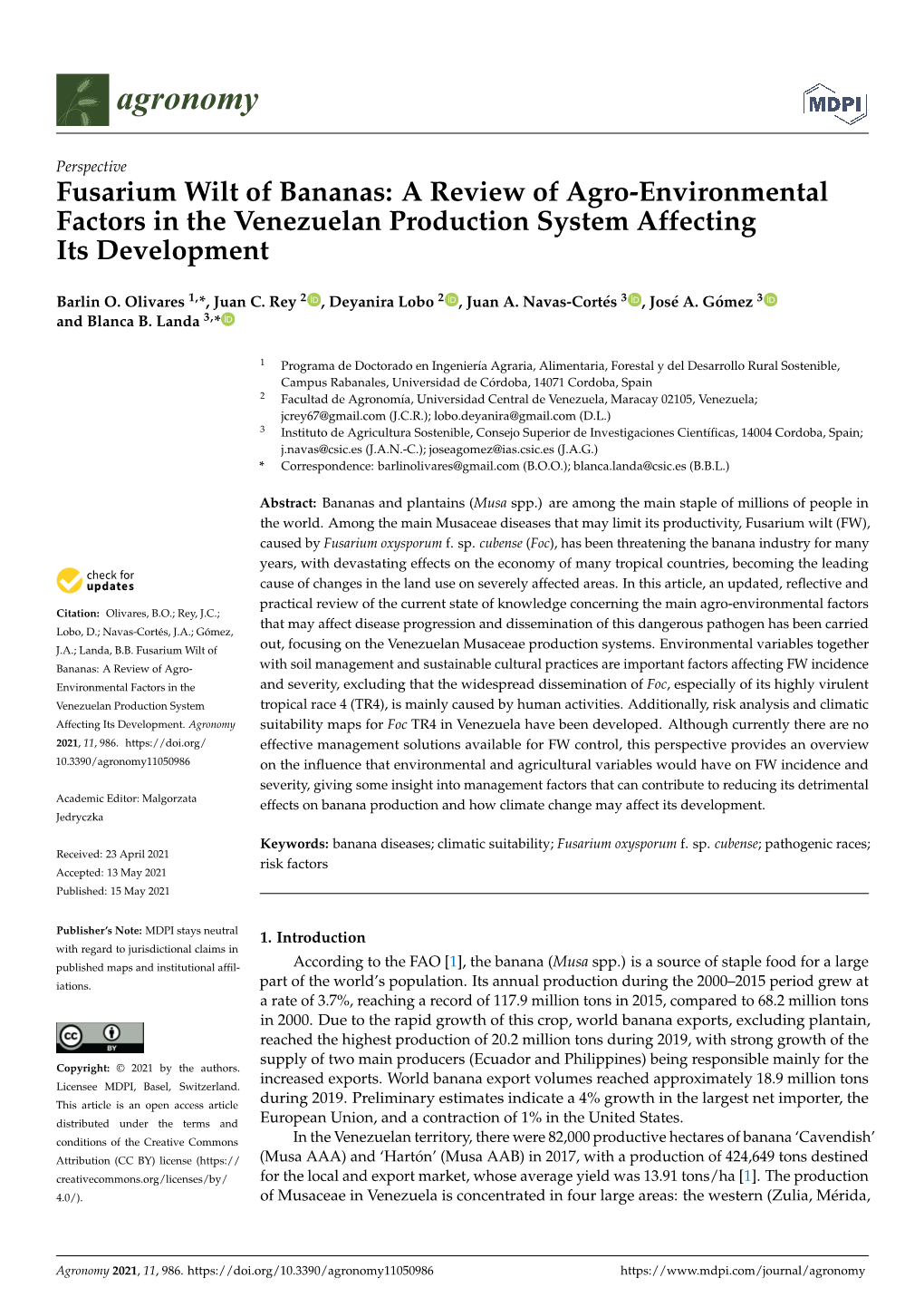 Fusarium Wilt of Bananas: a Review of Agro-Environmental Factors in the Venezuelan Production System Affecting Its Development