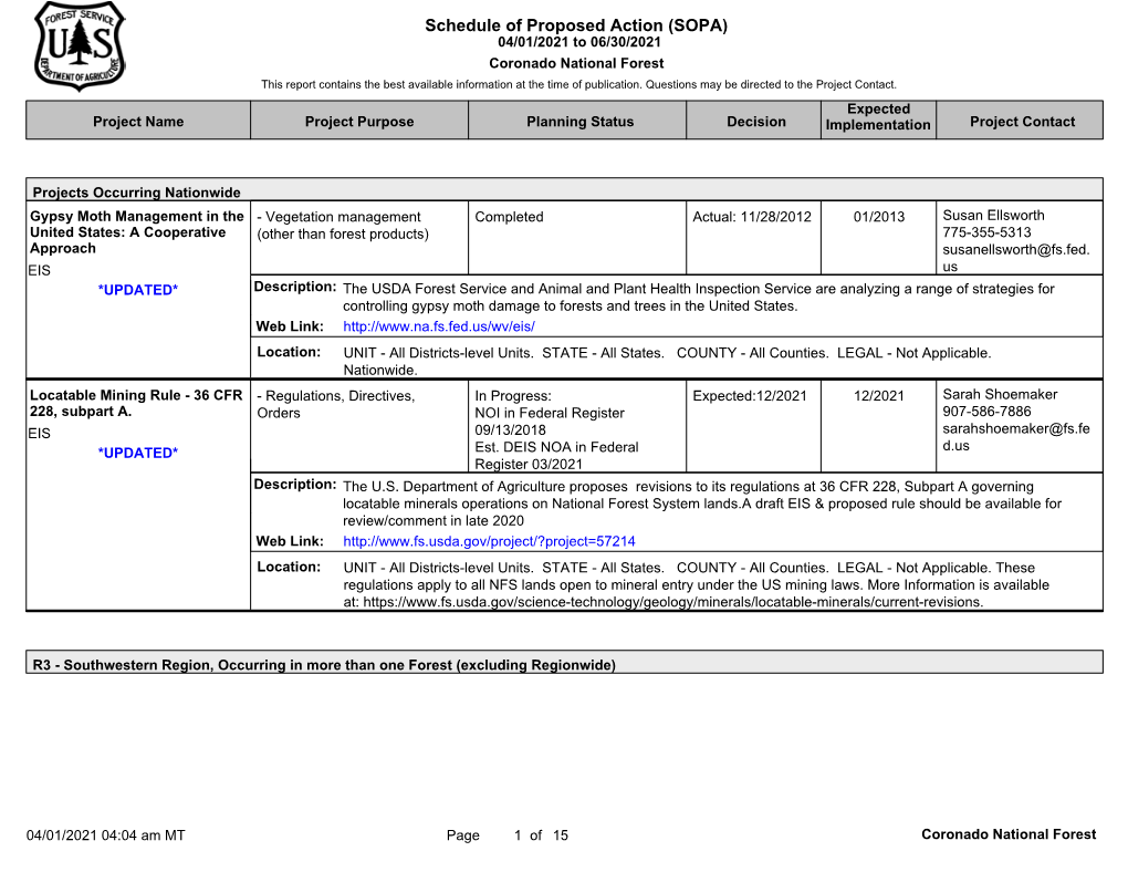 Schedule of Proposed Action (SOPA) 04/01/2021 to 06/30/2021 Coronado National Forest This Report Contains the Best Available Information at the Time of Publication