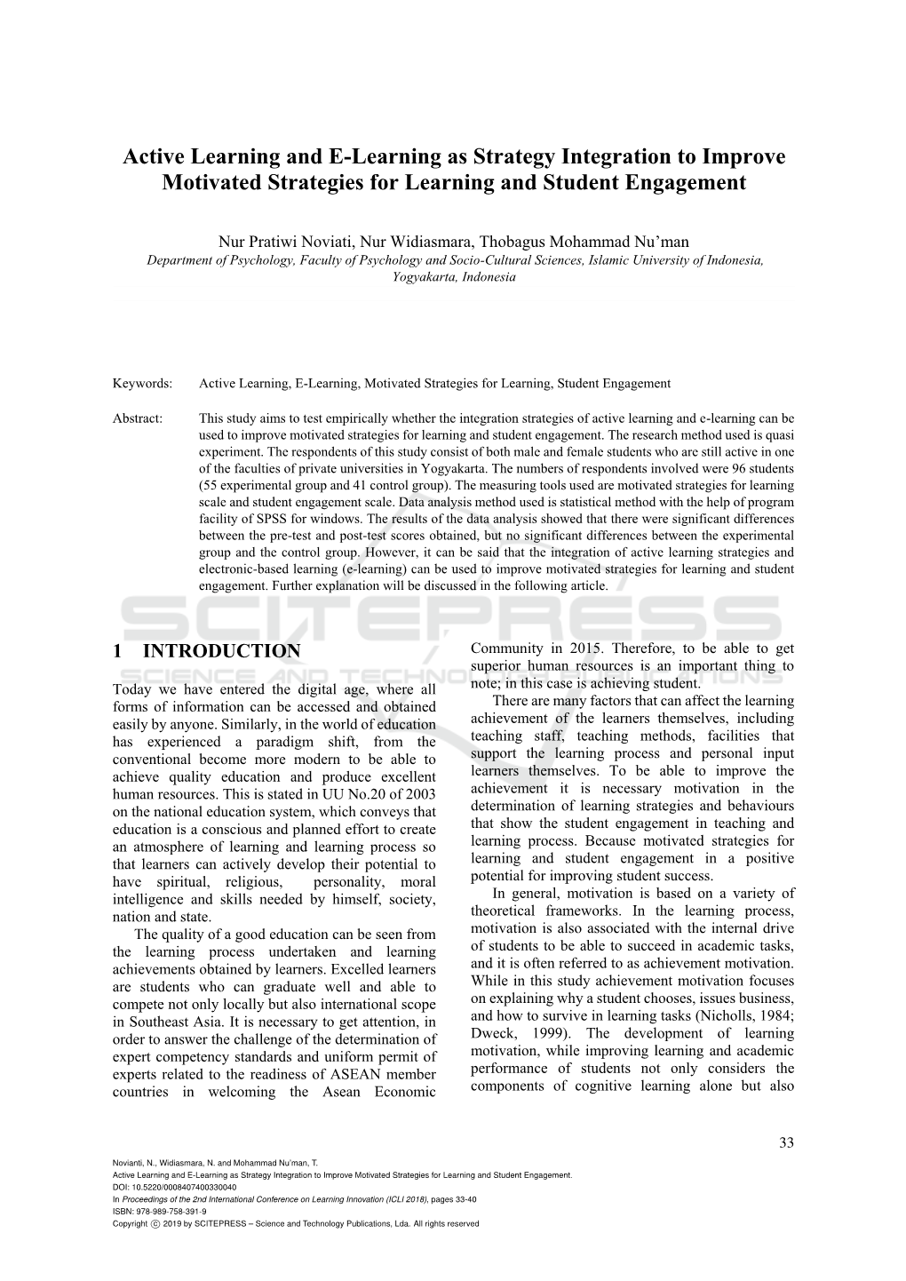 Active Learning and E-Learning As Strategy Integration to Improve Motivated Strategies for Learning and Student Engagement