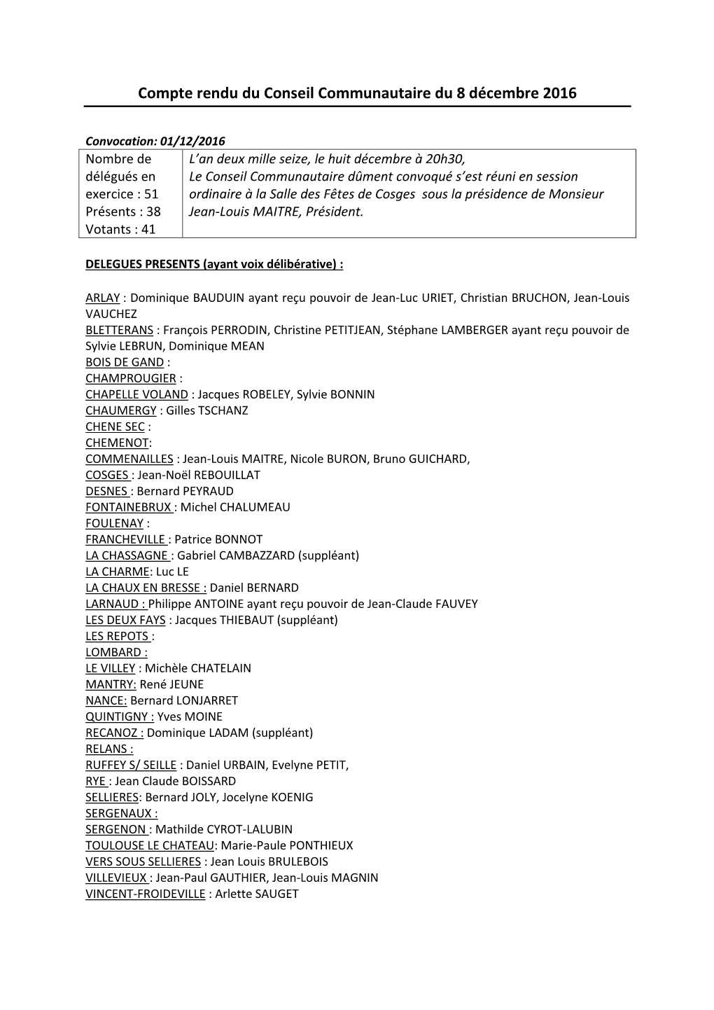 Compte Rendu Du Conseil Communautaire Du 8 Décembre 2016