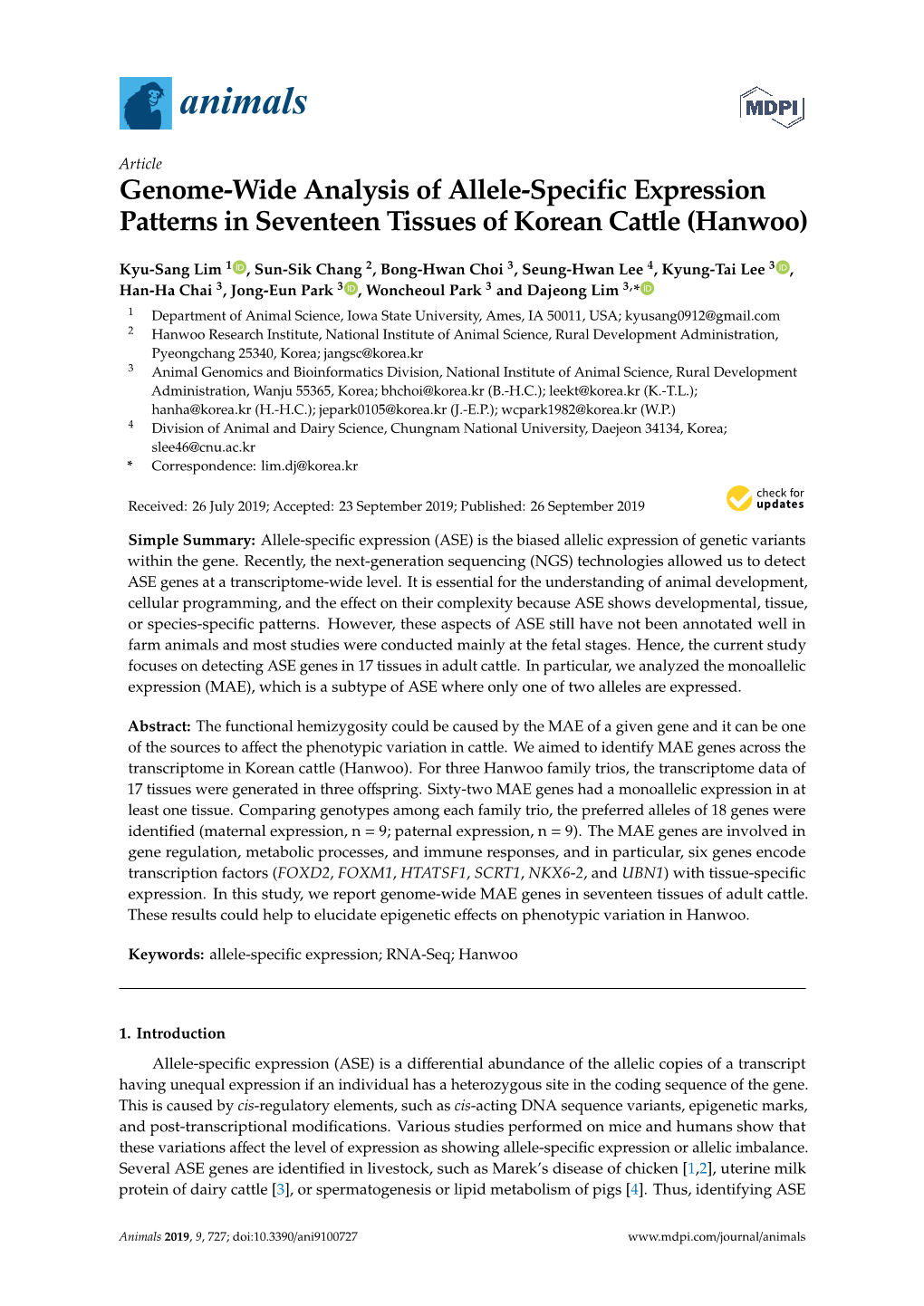 Genome-Wide Analysis of Allele-Specific Expression Patterns in Seventeen Tissues of Korean Cattle (Hanwoo)