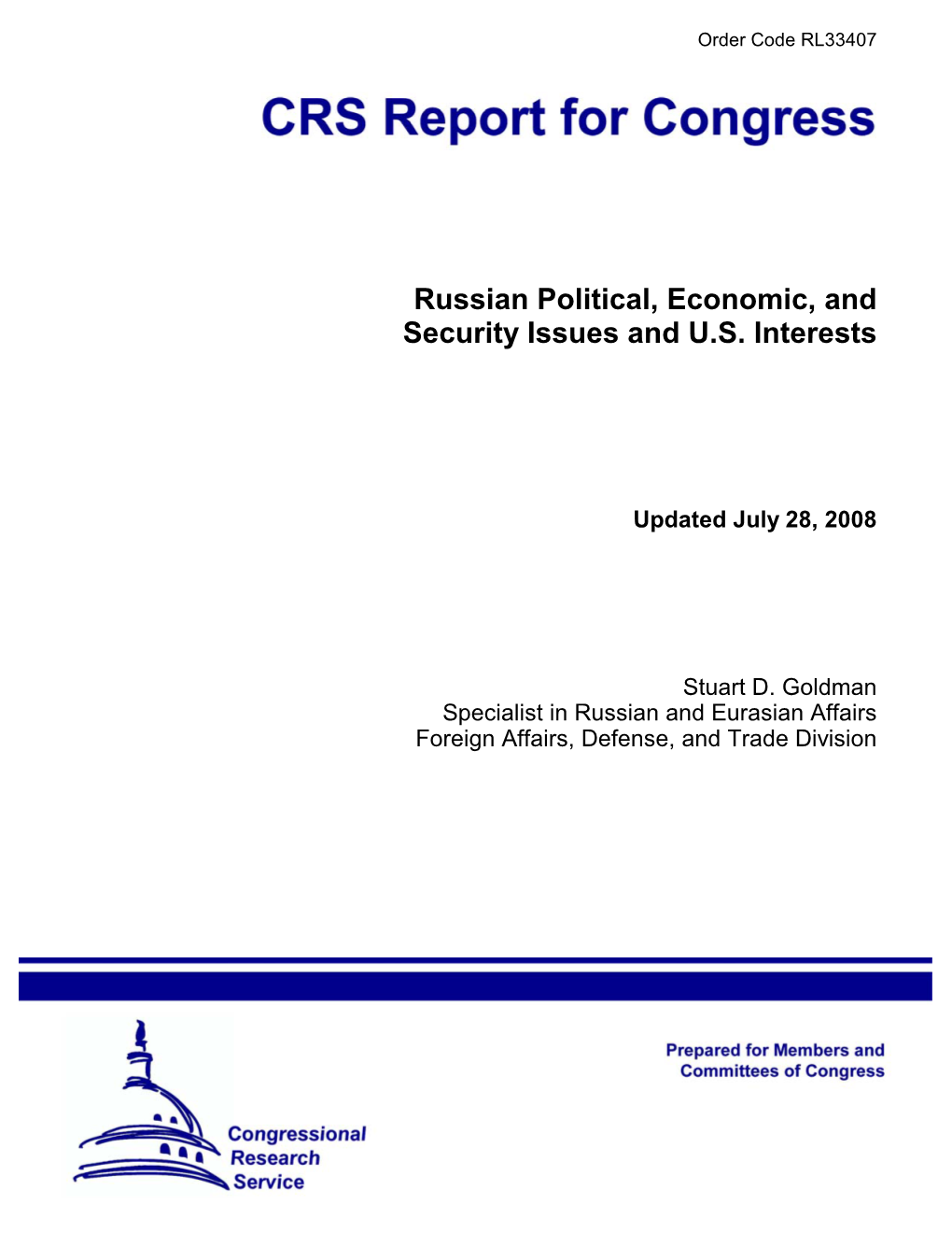 Russian Political, Economic, and Security Issues and U.S. Interests