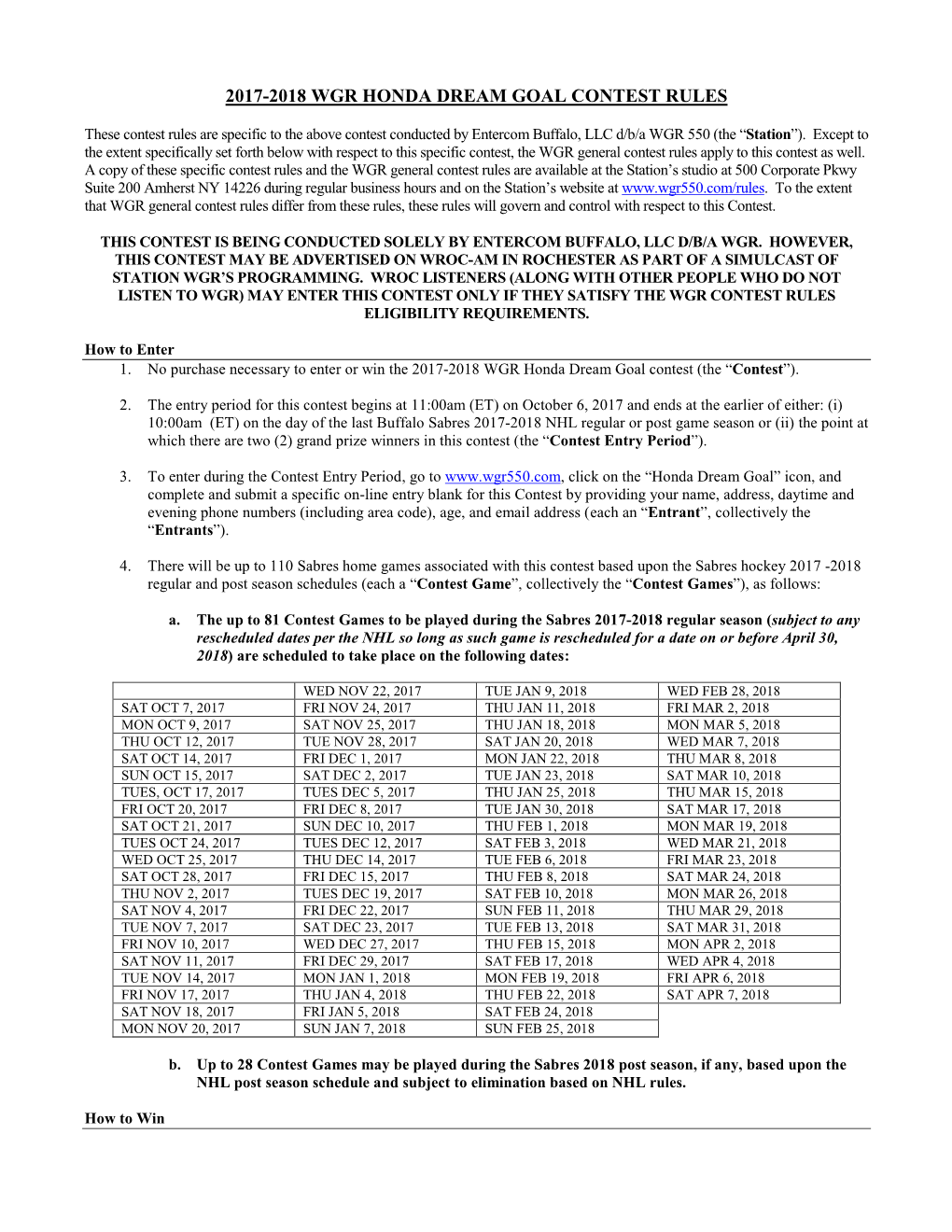 2017-2018 Wgr Honda Dream Goal Contest Rules