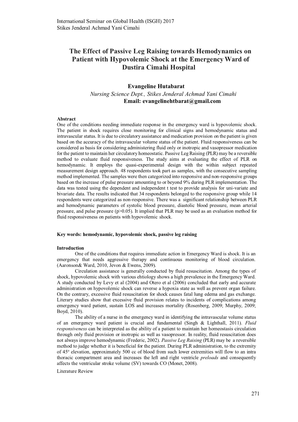 The Effect of Passive Leg Raising Towards Hemodynamics on Patient with Hypovolemic Shock at the Emergency Ward of Dustira Cimahi Hospital