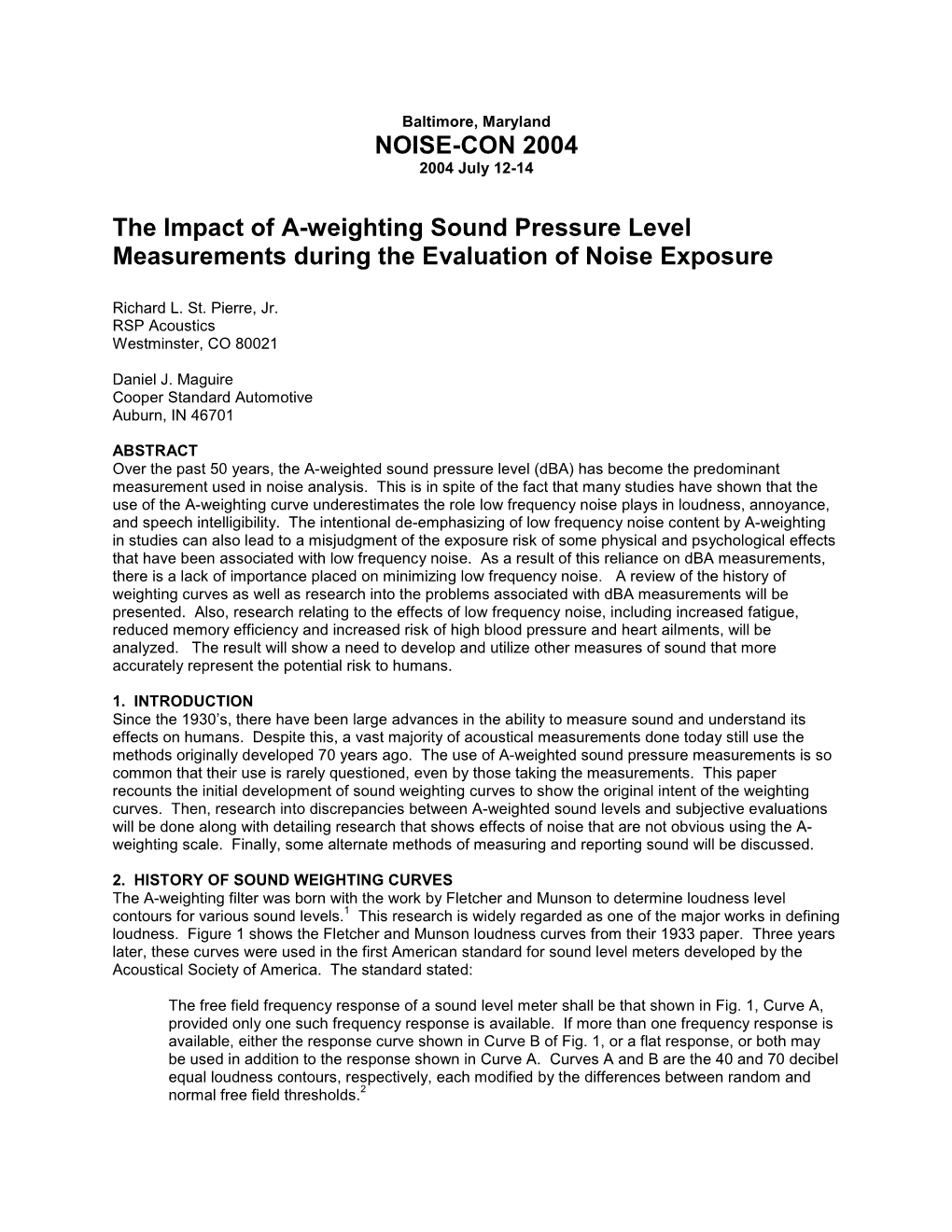 NOISE-CON 2004 the Impact of A-Weighting Sound Pressure Level