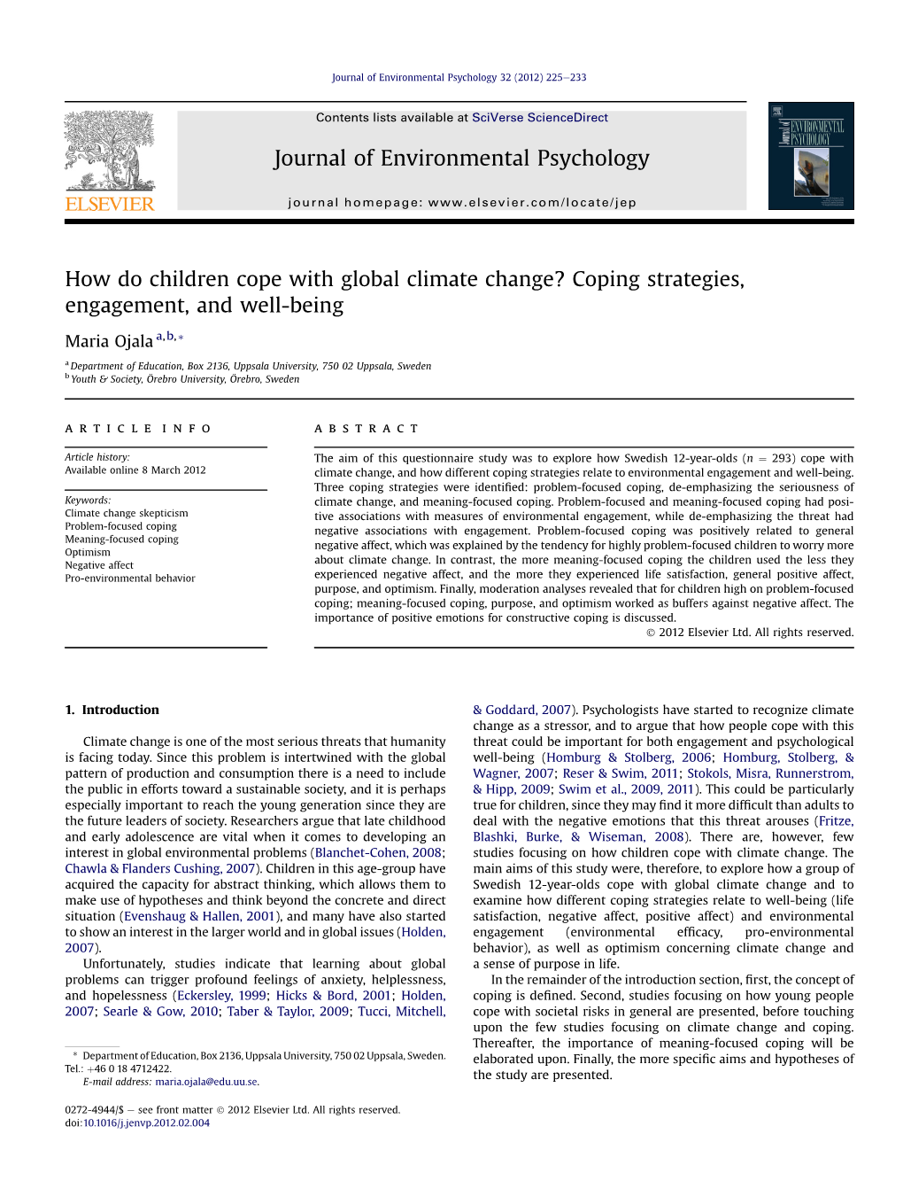 How Do Children Cope with Global Climate Change? Coping Strategies, Engagement, and Well-Being