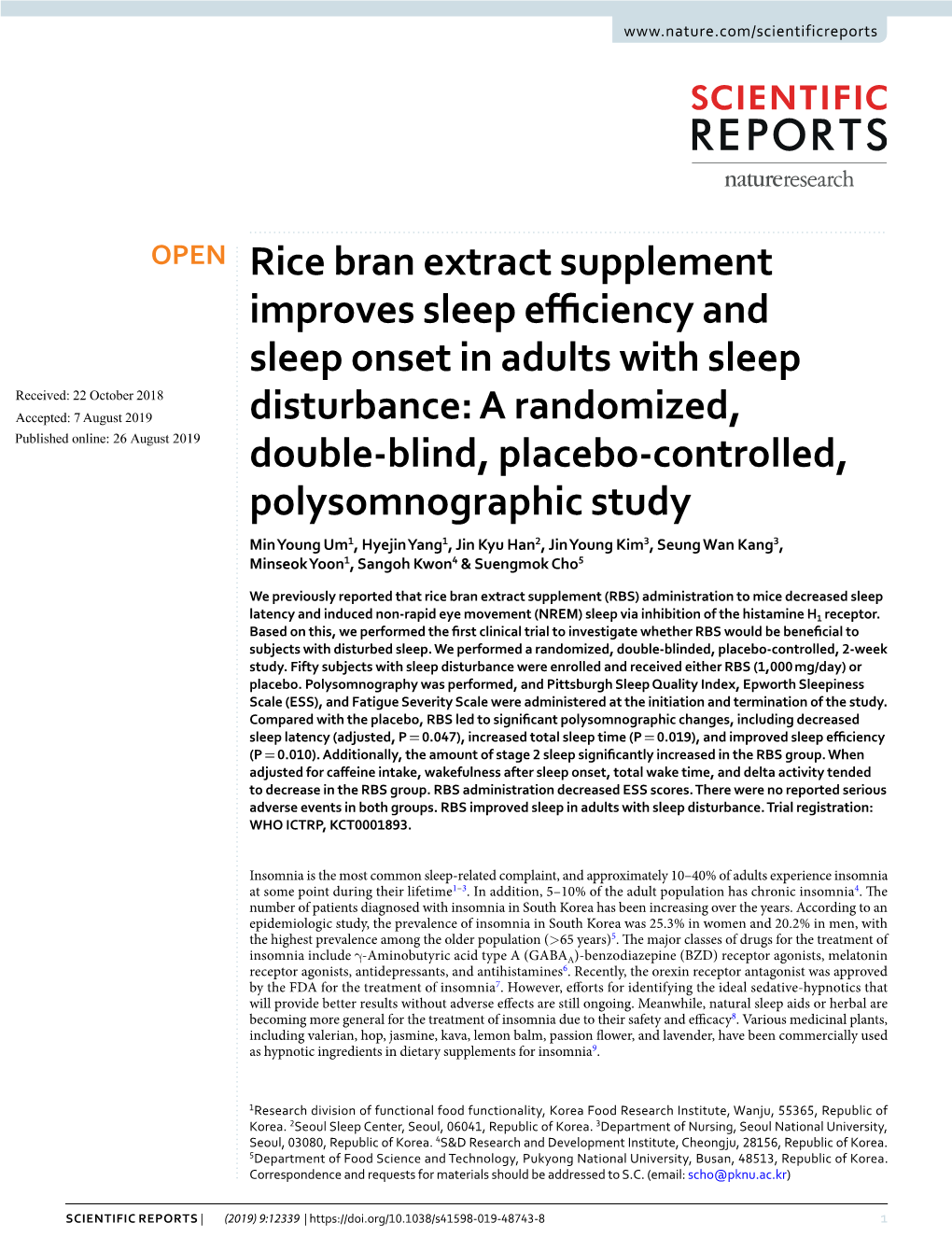 Rice Bran Extract Supplement Improves Sleep Efficiency