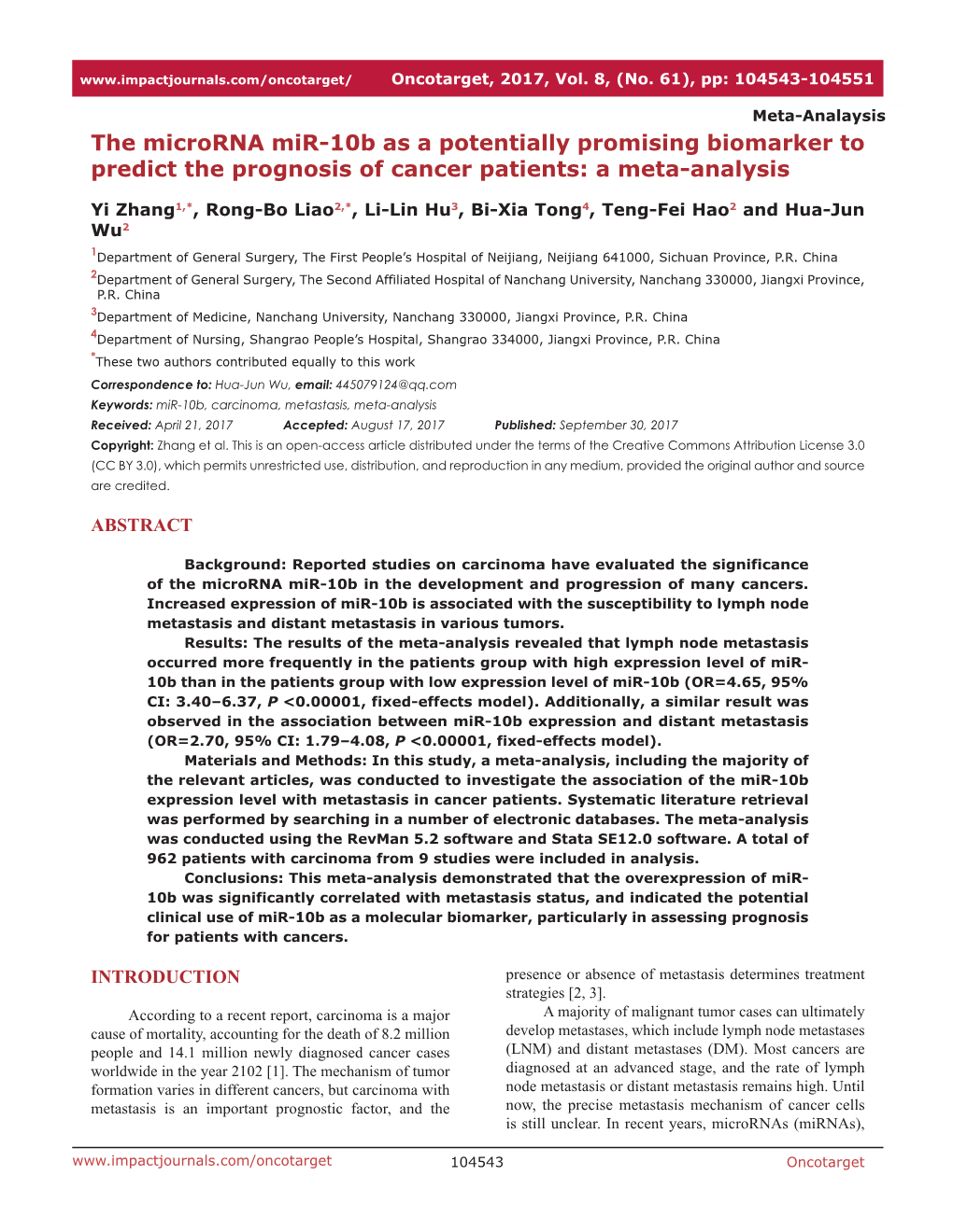 The Microrna Mir-10B As a Potentially Promising Biomarker to Predict the Prognosis of Cancer Patients: a Meta-Analysis