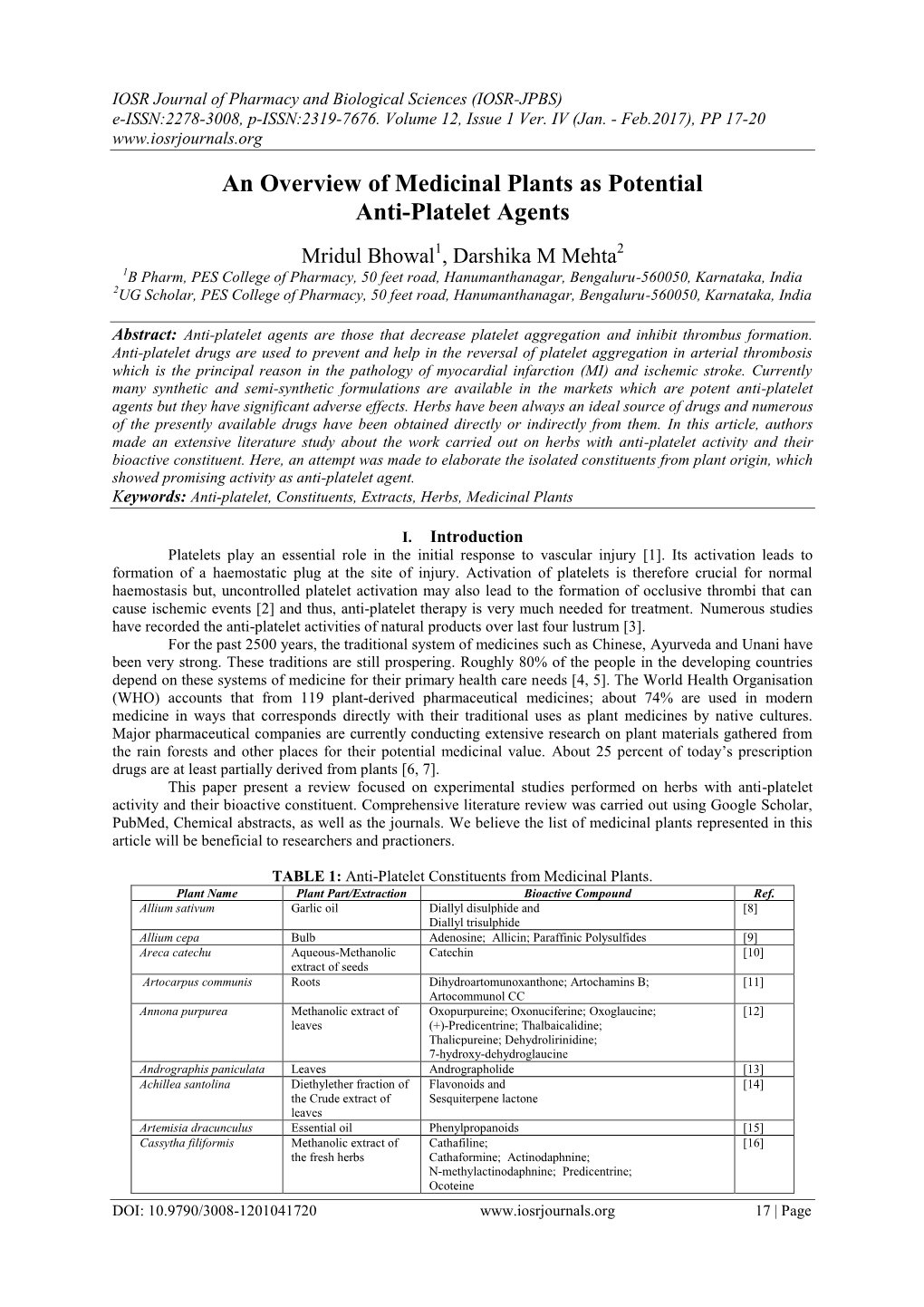 An Overview of Medicinal Plants As Potential Anti-Platelet Agents