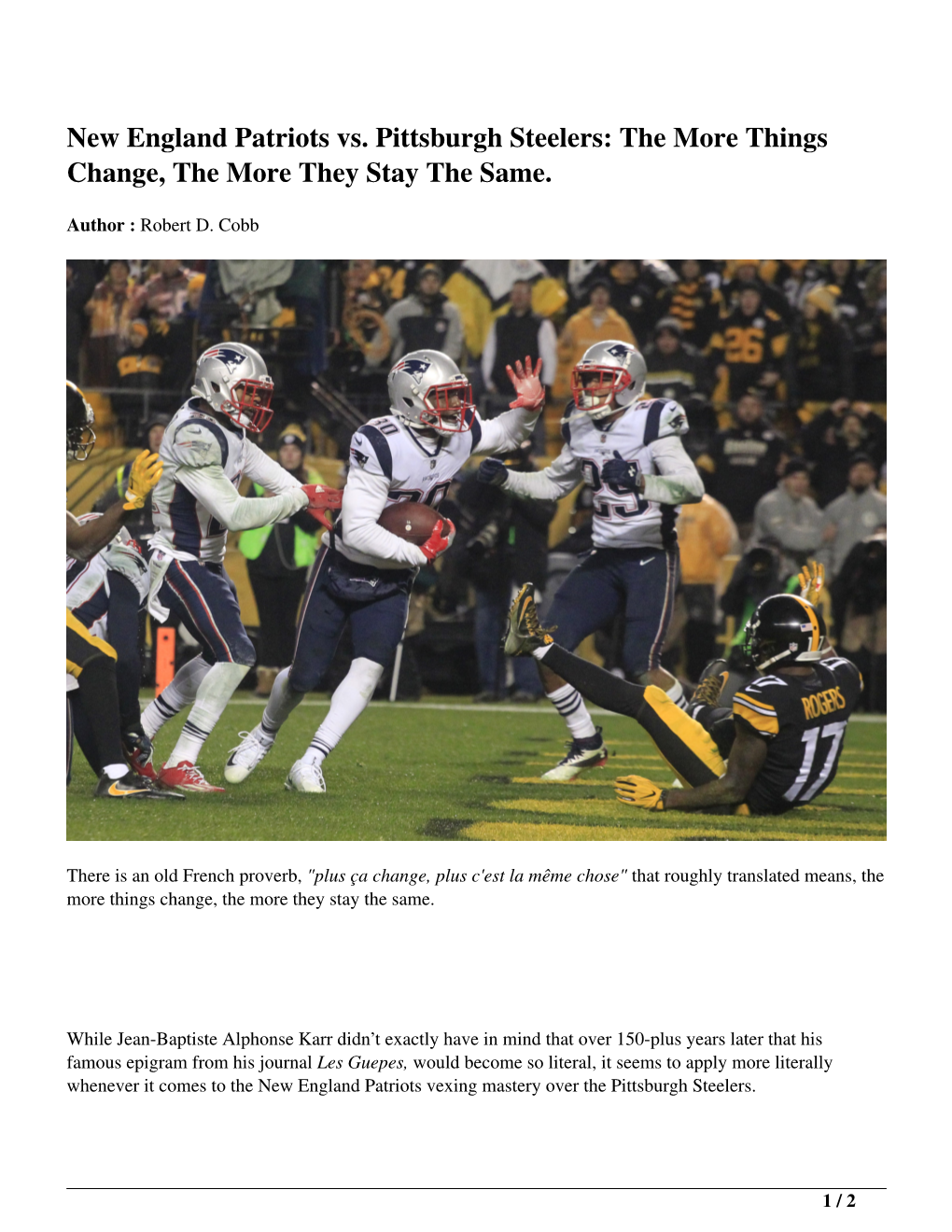 New England Patriots Vs. Pittsburgh Steelers: the More Things Change, the More They Stay the Same