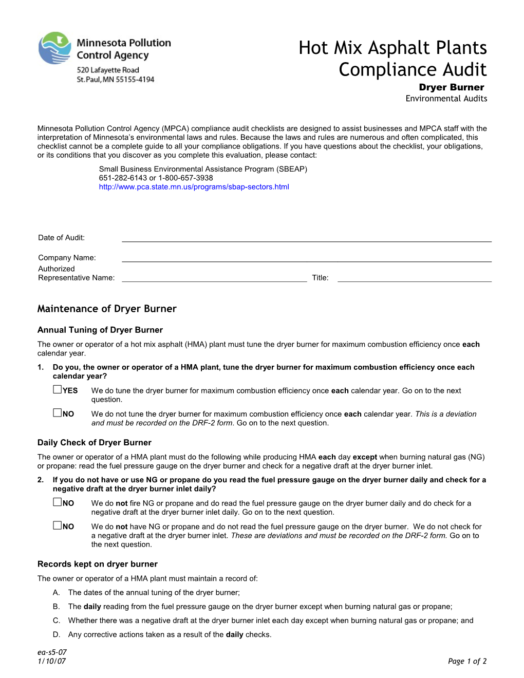 Hot Mix Asphalt Plants Compliance Audit - Environmental Audits