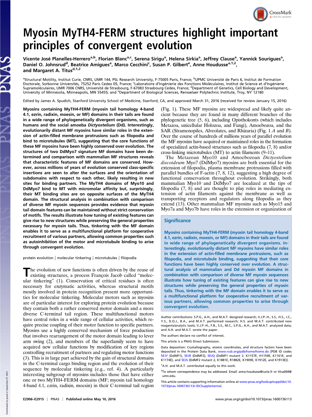 Myosin Myth4-FERM Structures Highlight Important Principles of Convergent Evolution