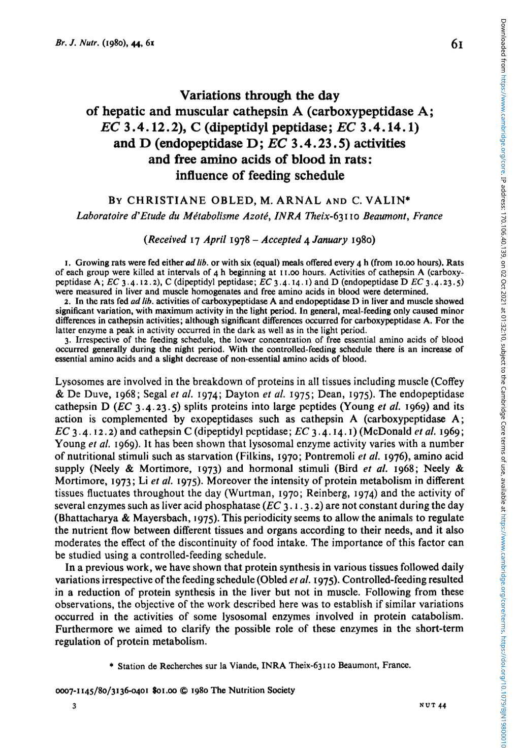 Variations Through the Day of Hepatic and Muscular Cathepsin A