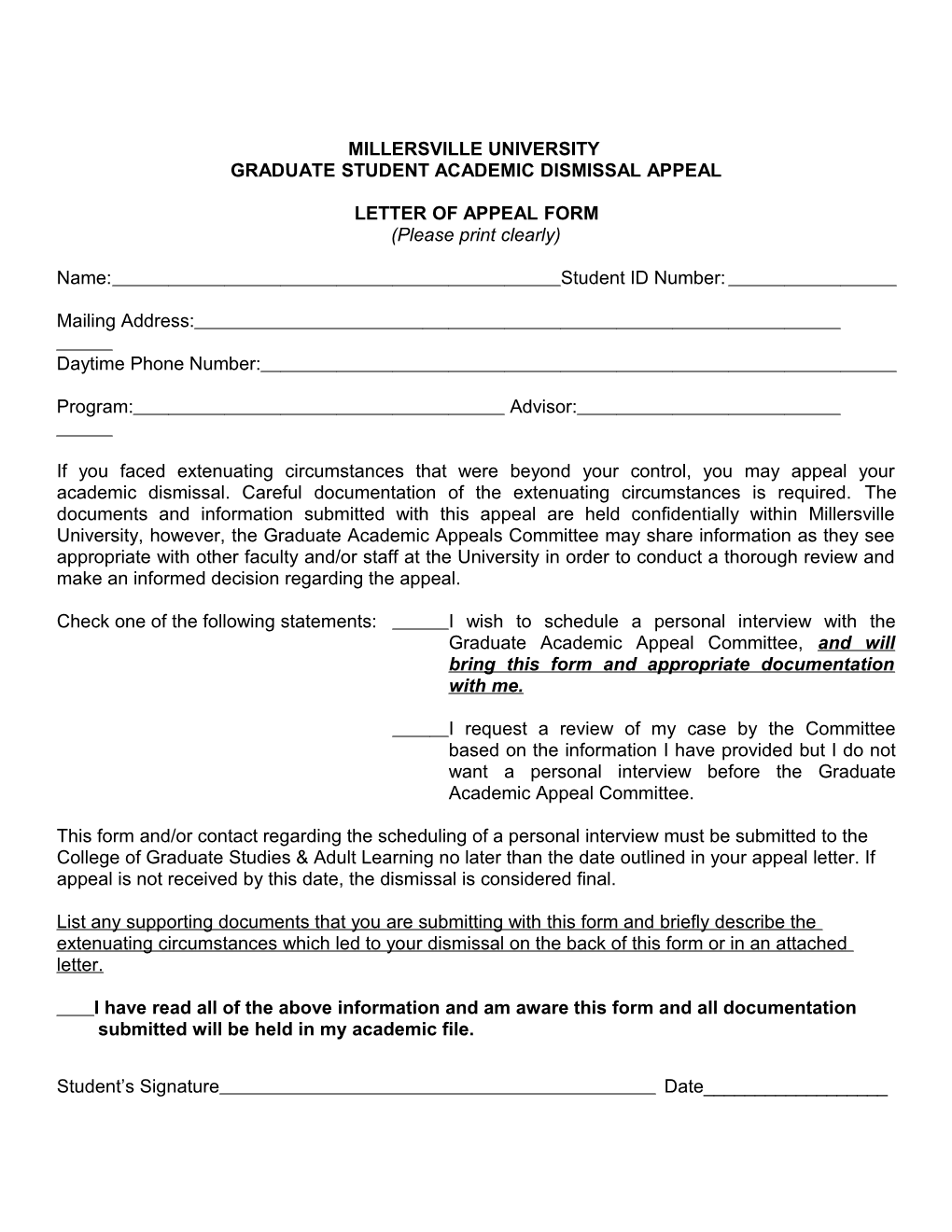 Graduate Student Academic Dismissal Appeal