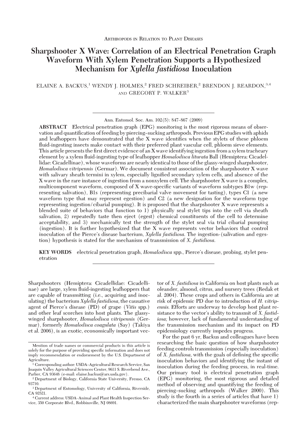 Sharpshooter X Wave: Correlation of an Electrical Penetration Graph Waveform with Xylem Penetration Supports a Hypothesized Mech