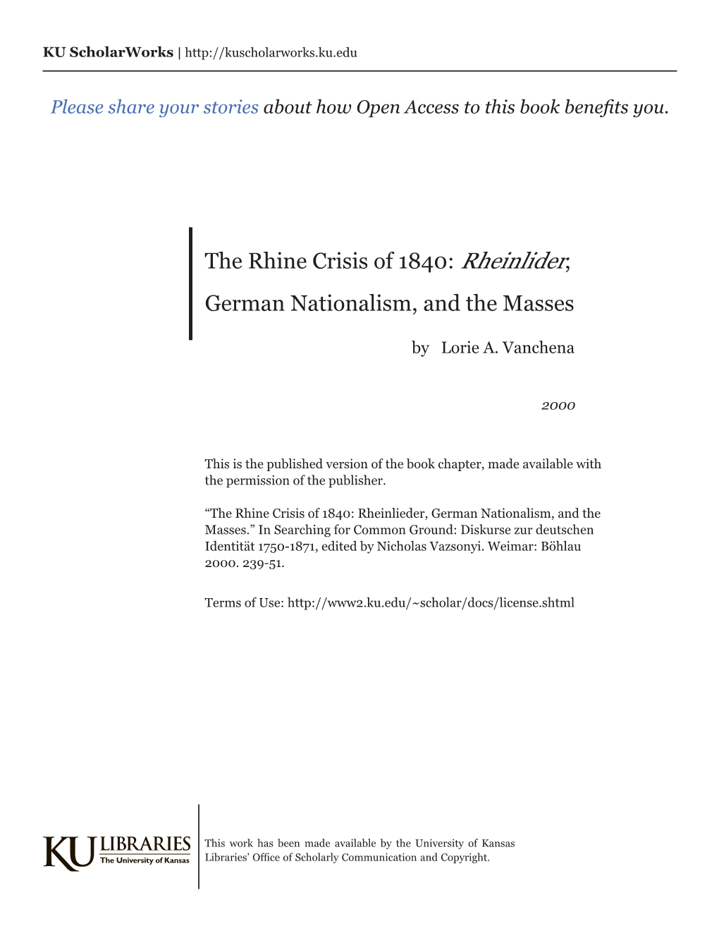 The Rhine Crisis of 1840: Rheinlider, German Nationalism, and the Masses