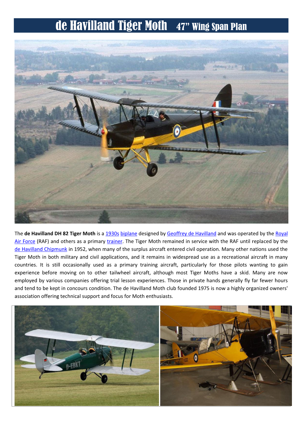 De Havilland Tiger Moth 47” Wing Span Plan