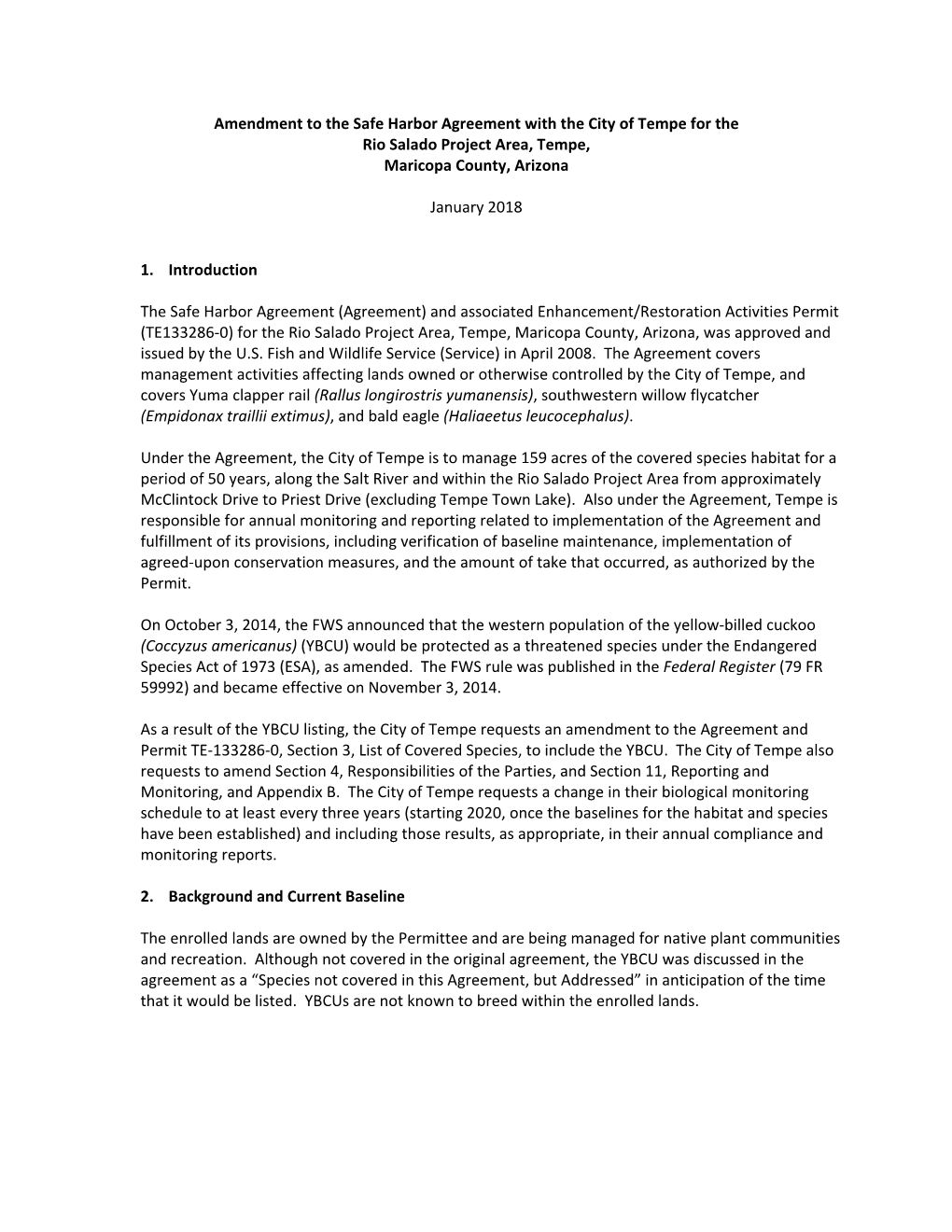 Amendment to the Safe Harbor Agreement with the City of Tempe for the Rio Salado Project Area, Tempe, Maricopa County, Arizona