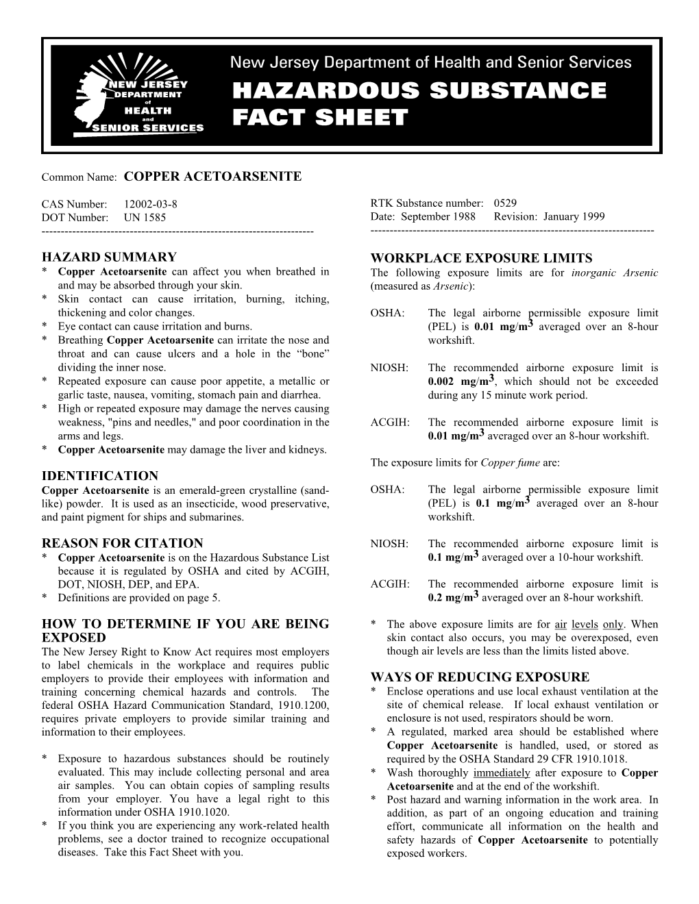 Copper Acetoarsenite Hazard Summary Identification