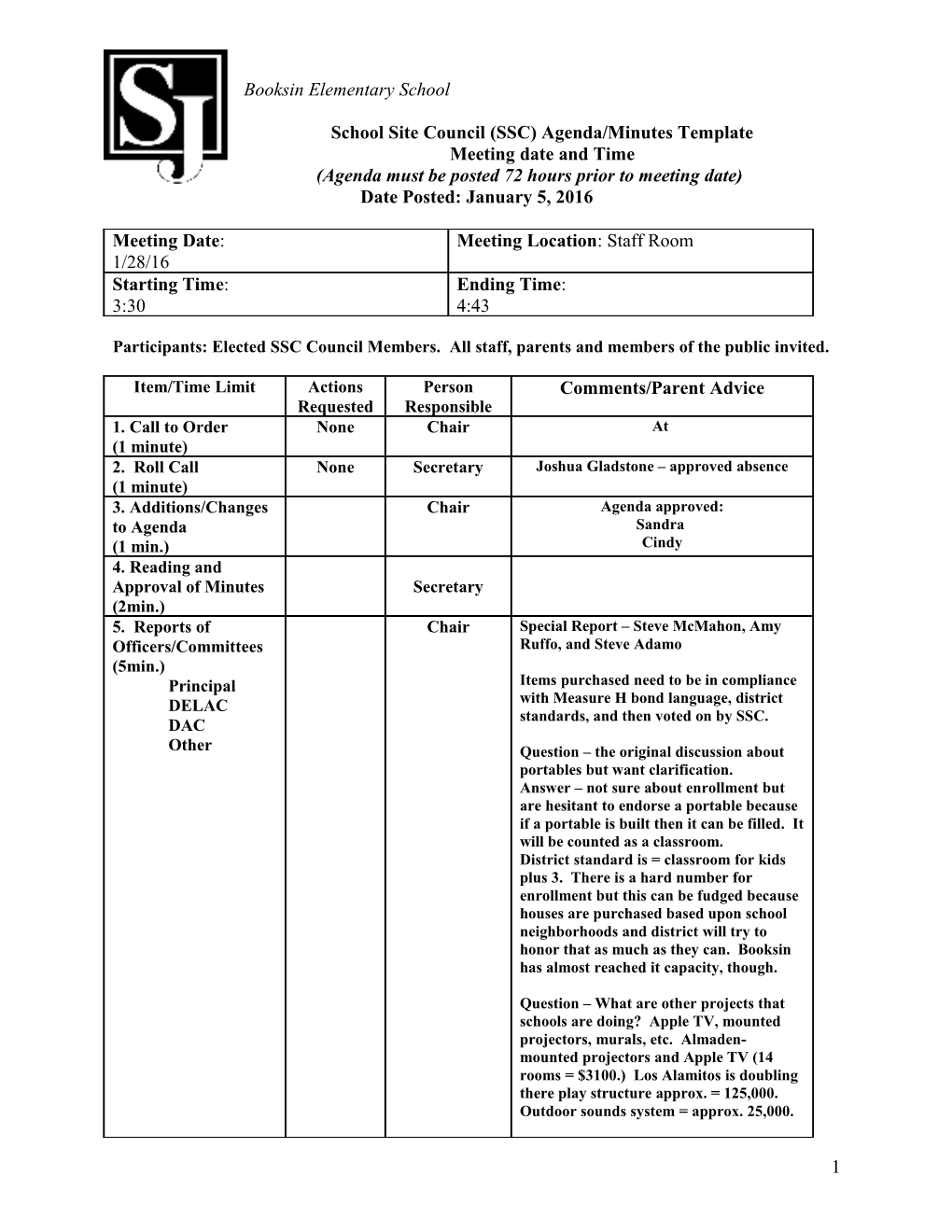 School Site Council (SSC) Agenda/Minutes Template