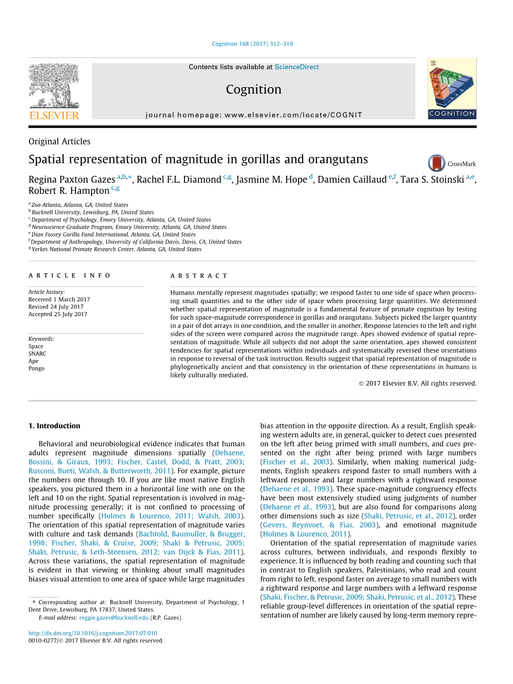 Spatial Representation of Magnitude in Gorillas and Orangutans ⇑ Regina Paxton Gazes A,B, , Rachel F.L