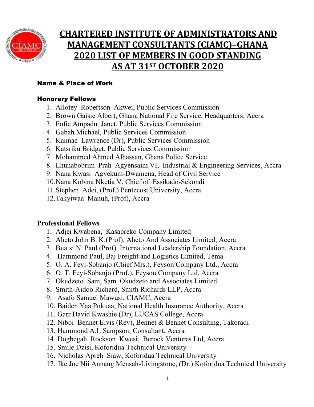 Ghana 2020 List of Members in Good Standing As at 31 St October 2020