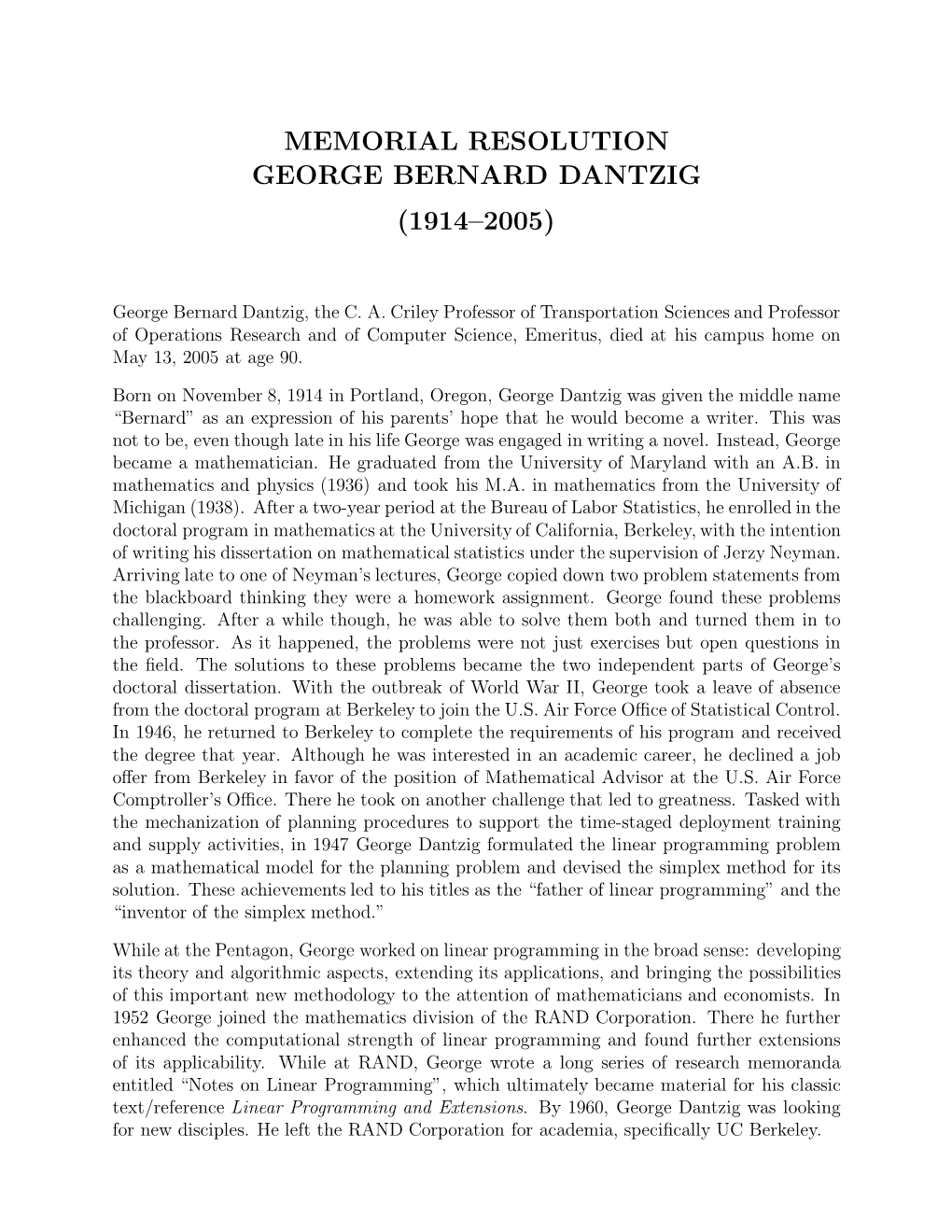 Memorial Resolution George Bernard Dantzig (1914–2005)