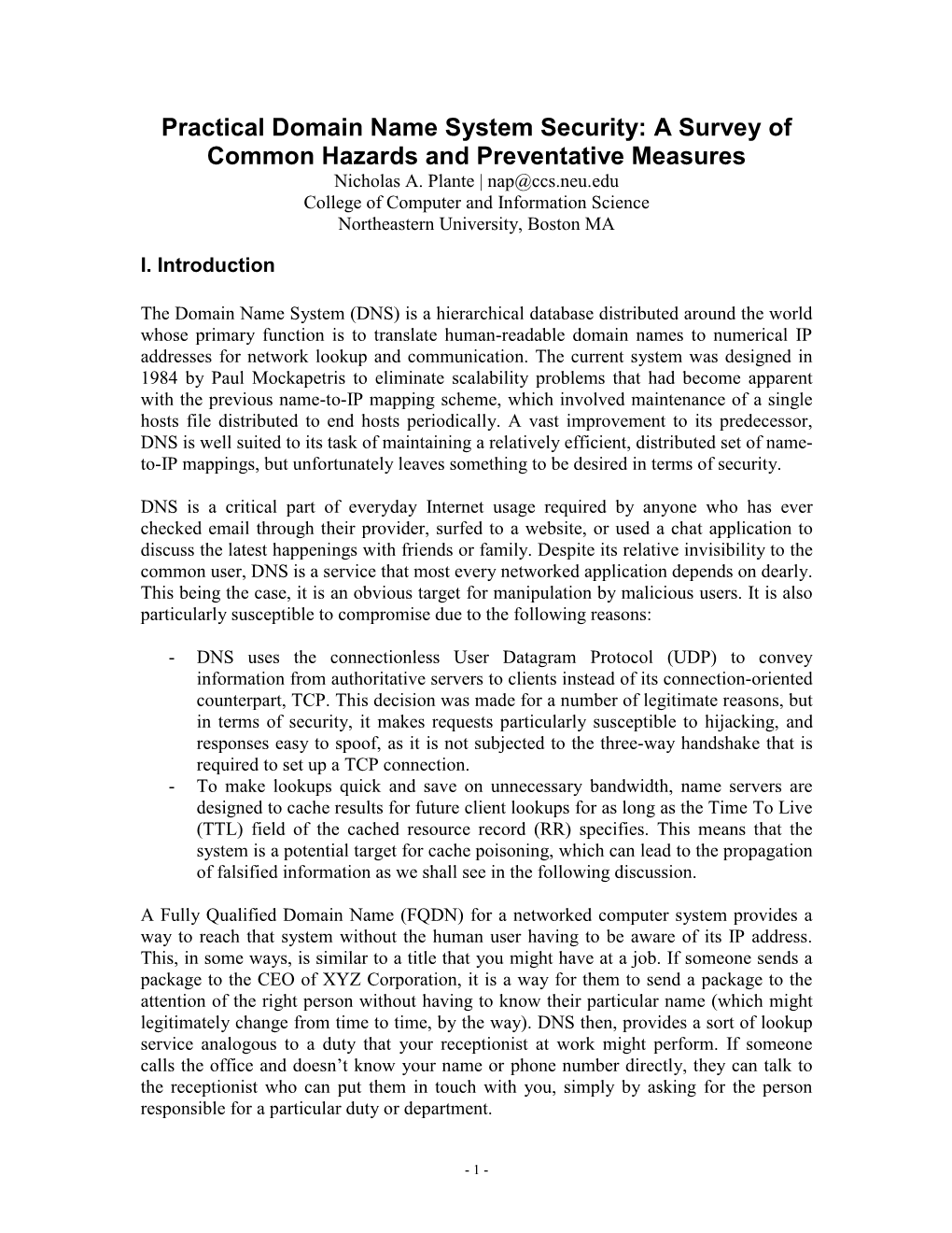 Practical Domain Name System Security: a Survey of Common Hazards and Preventative Measures Nicholas A