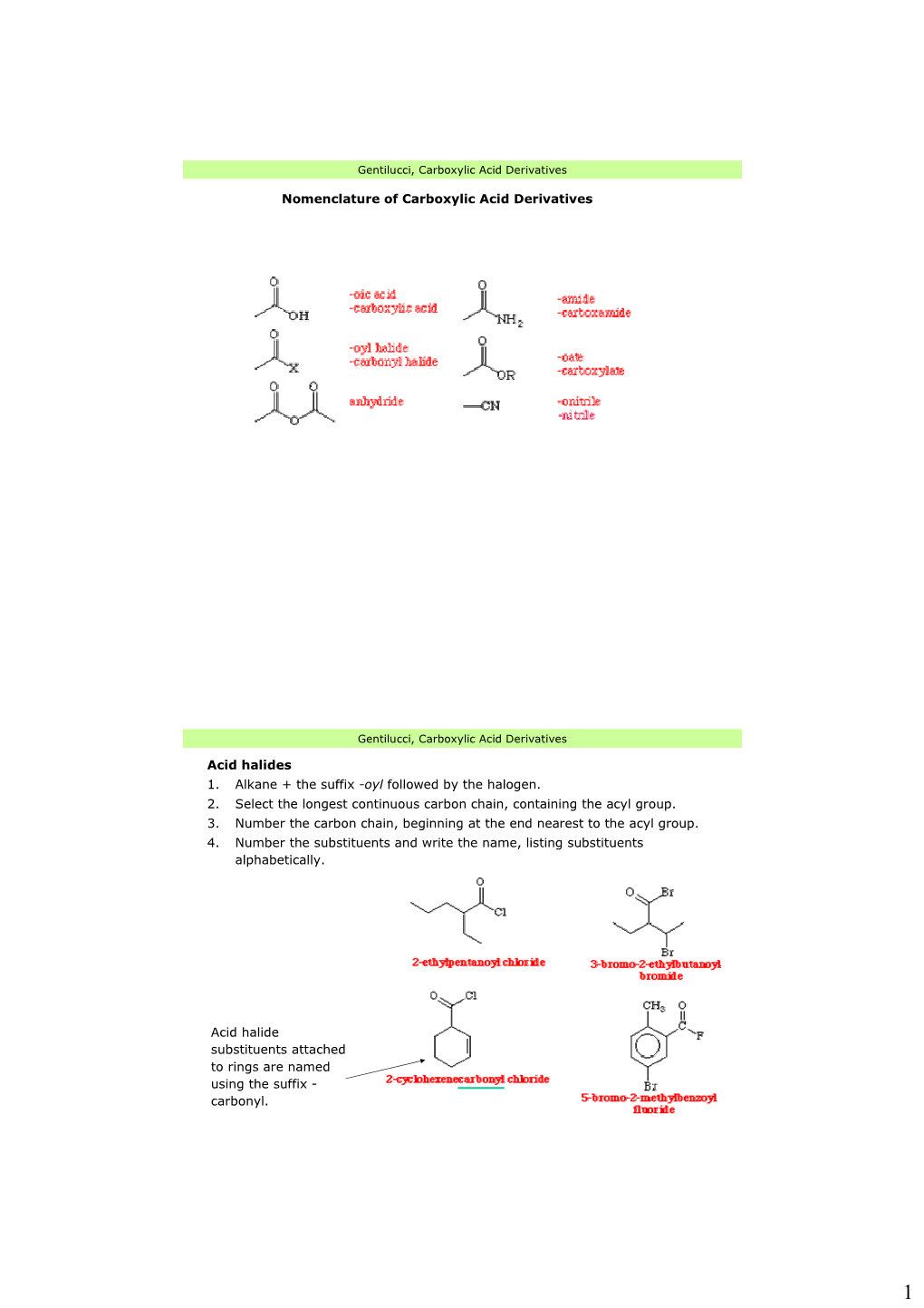 Nomenclature of Carboxylic Acid Derivatives Acid Halide Substituents