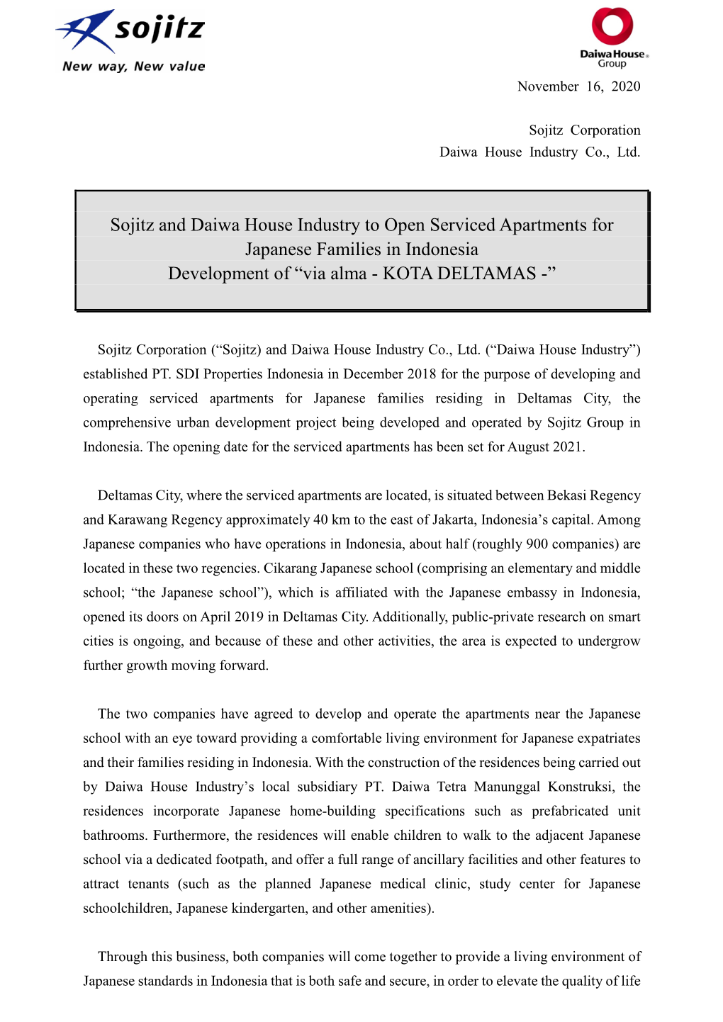 Sojitz and Daiwa House Industry to Open Serviced Apartments for Japanese Families in Indonesia Development of “Via Alma - KOTA DELTAMAS -”