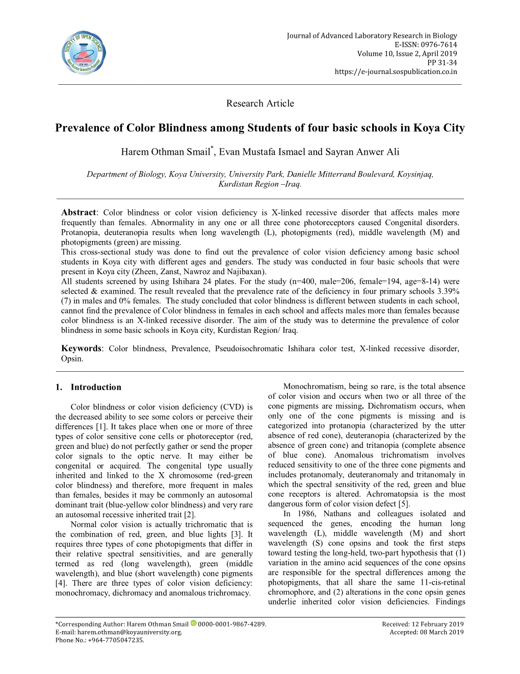 Prevalence of Color Blindness Among Students of Four Basic Schools in Koya City