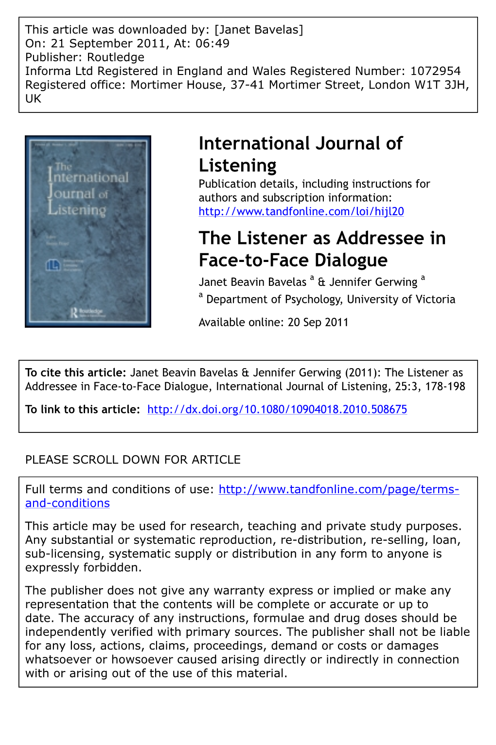 The Listener As Addressee in Face-To-Face Dialogue