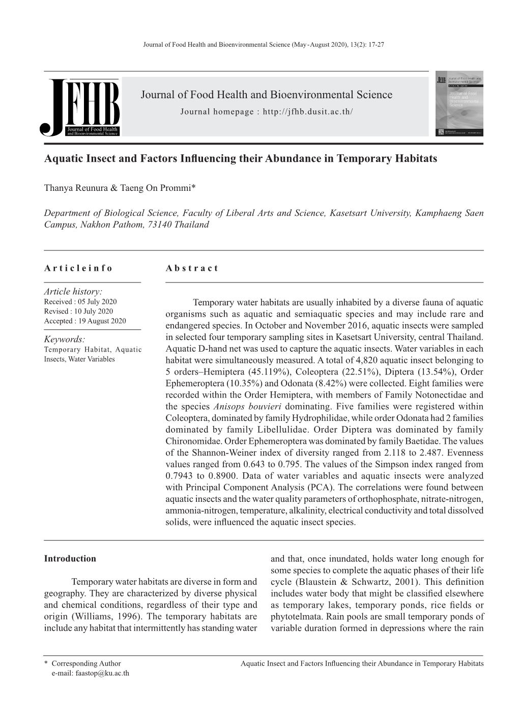 Aquatic Insect and Factors Influencing Their Abundance in Temporary Habitats