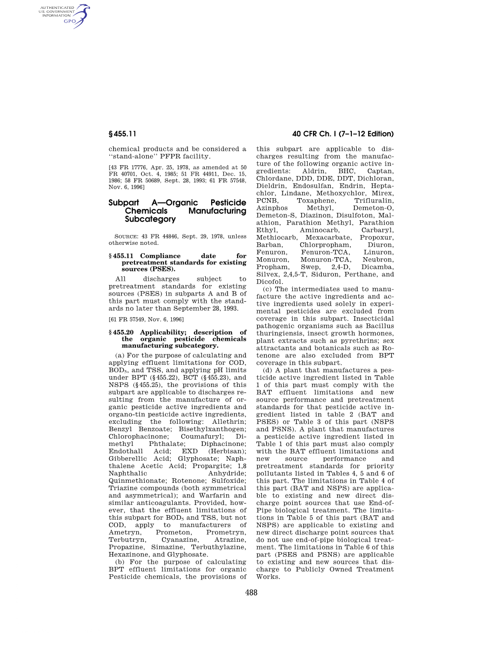 488 Subpart A—Organic Pesticide Chemicals Manufacturing